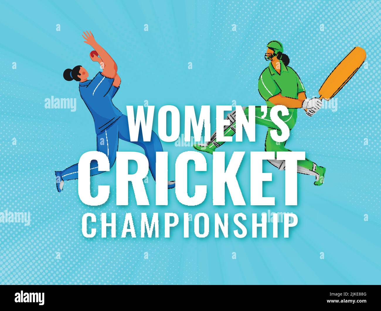White Women's Cricket Championship Text With Participated Countries Players Of Pakistan VS India On Blue Dotted Rays Background. Stock Vector