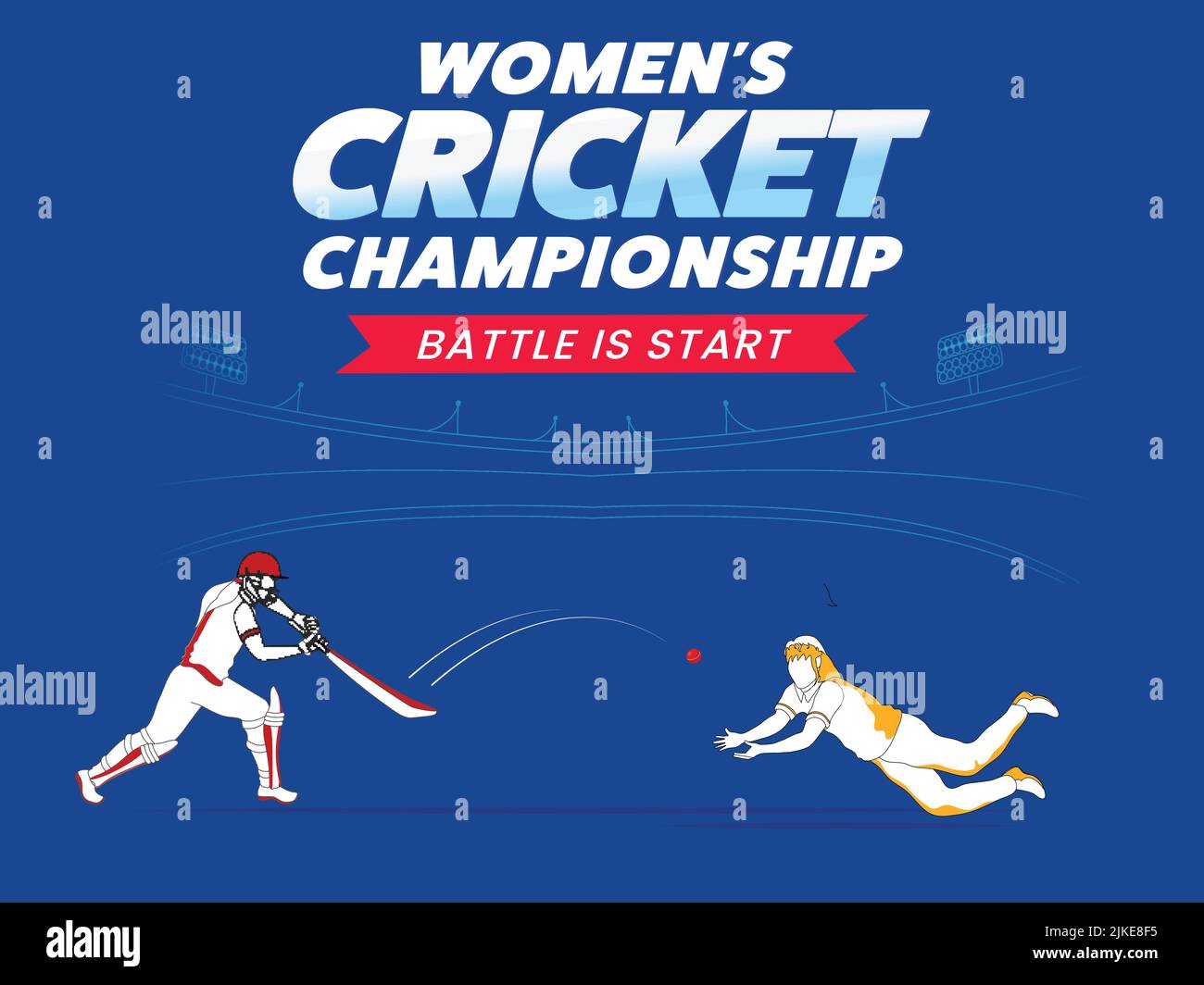 Battle Is Start, Women's Cricket Championship Concept With Doodle Batter Player Hitting The Ball And Fielder Or Bowler In Catch Pose On Blue Backgroun Stock Vector