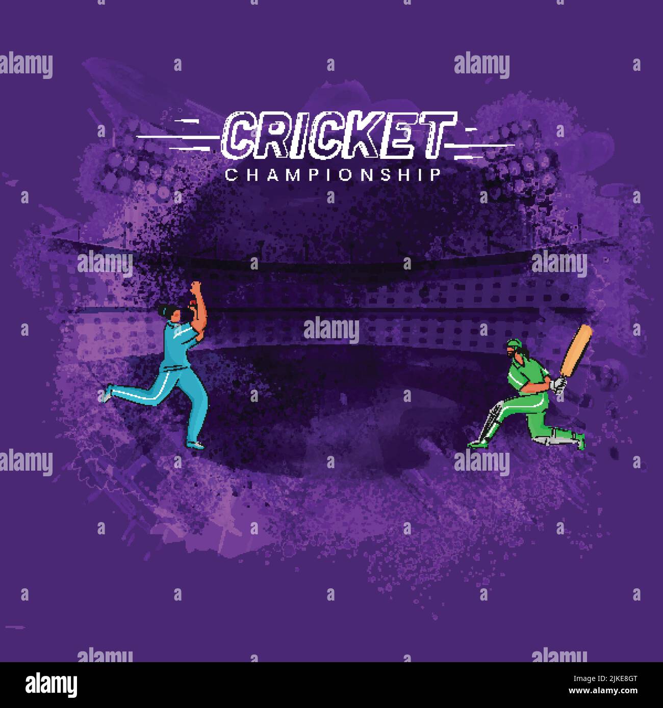 Participating Female Cricket Players Of India VS Pakistan On Purple Grunge Stadium Background For Championship Concept. Stock Vector