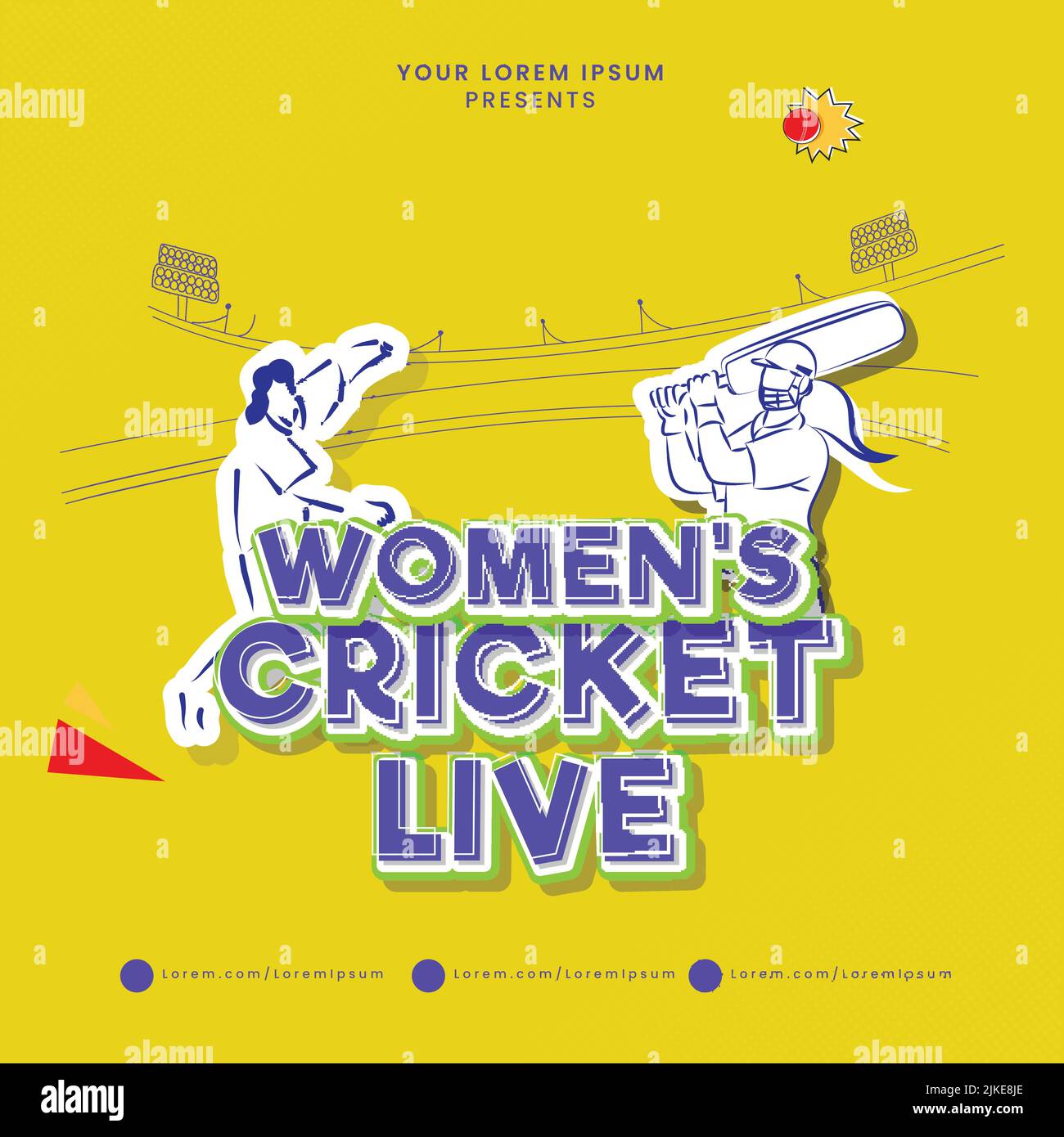 Stylish Sticker Style Women's Cricket Live Font With Cricketer Players On Yellow Stadium Background. Stock Vector