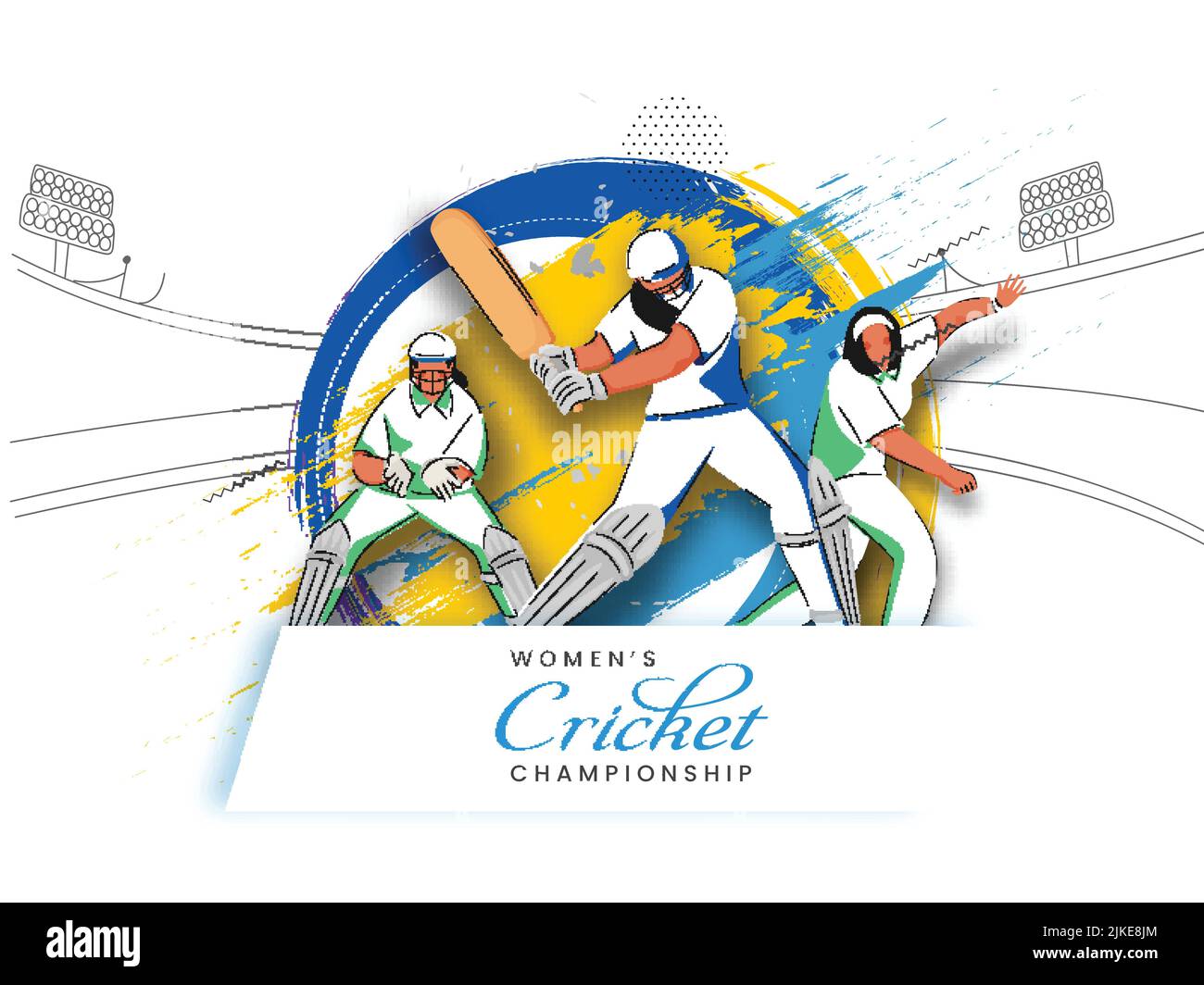 Women's Cricket Championship Concept With Faceless Cricketer Players In Different Poses And Brush Stroke Effect On White Background. Stock Vector