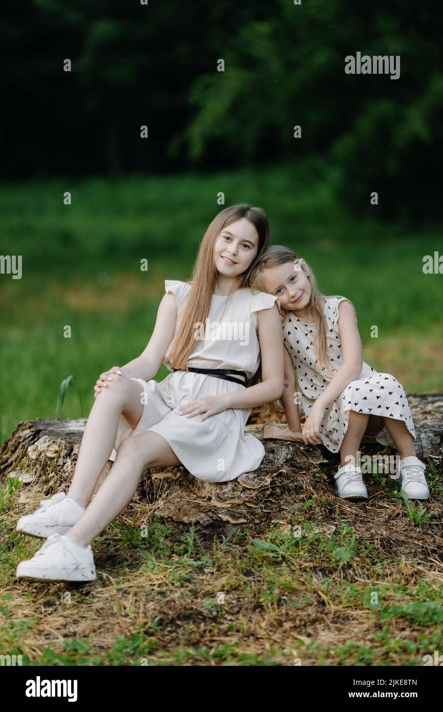 Two little girls in summer dresses sitting on a stump in a park and laughing Stock Photo