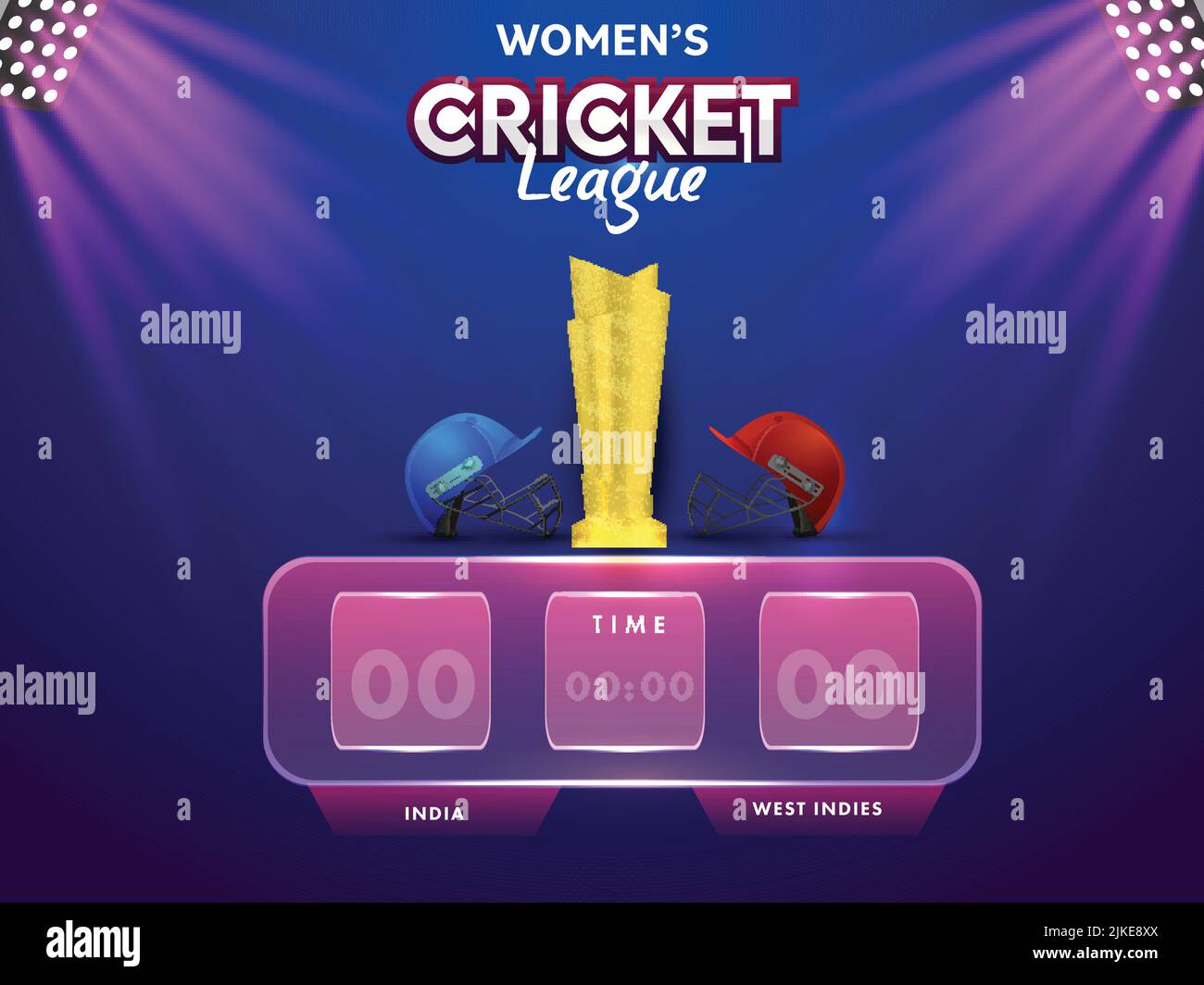 Cricket Digital Scoreboard Of Participating Female Team India VS West Indies With Attire Helmets, 3D Golden Winning Trophy And Stadium Lights On Blue Stock Vector