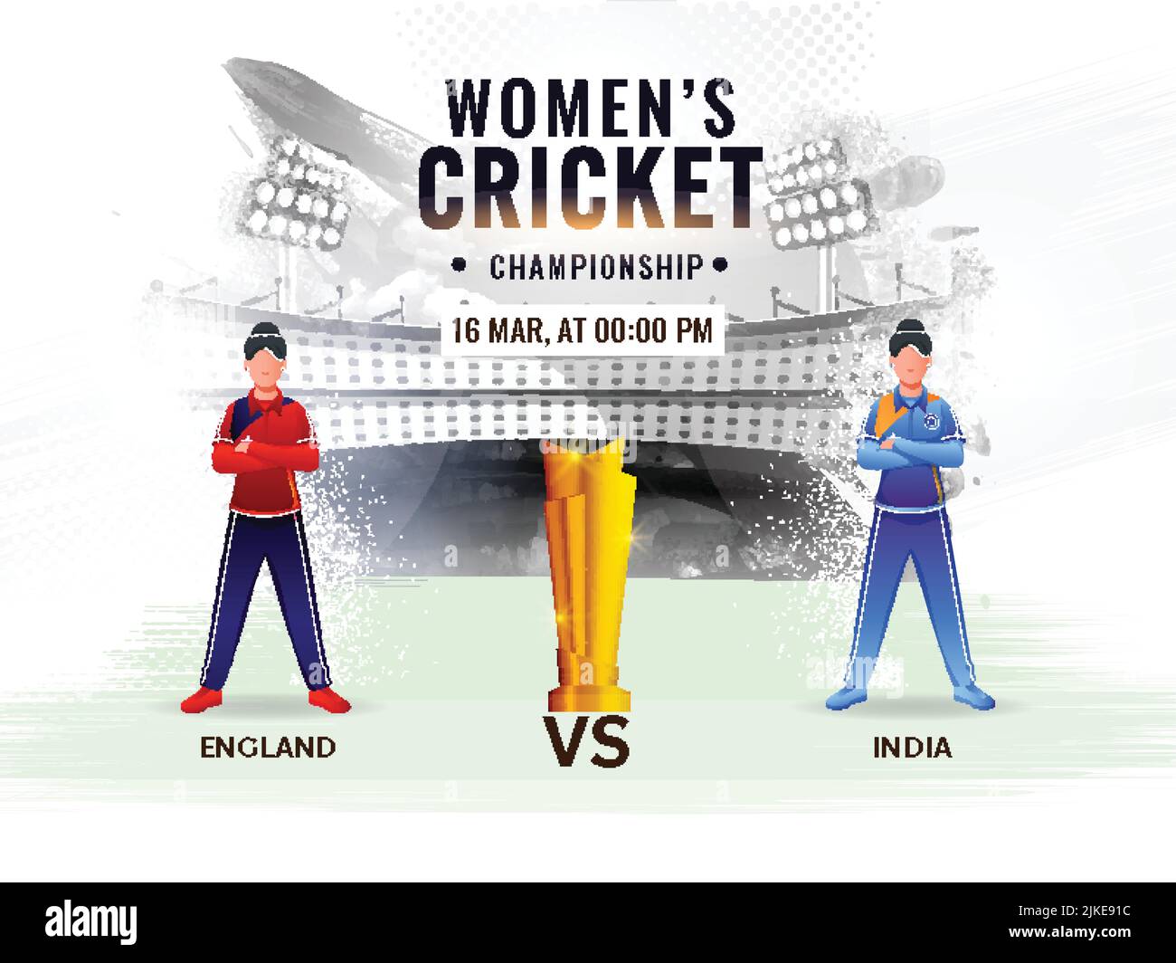 Women's Cricket Match Between England VS India With Faceless Players And Golden Trophy Cup On Abstract Grunge Stadium View. Stock Vector