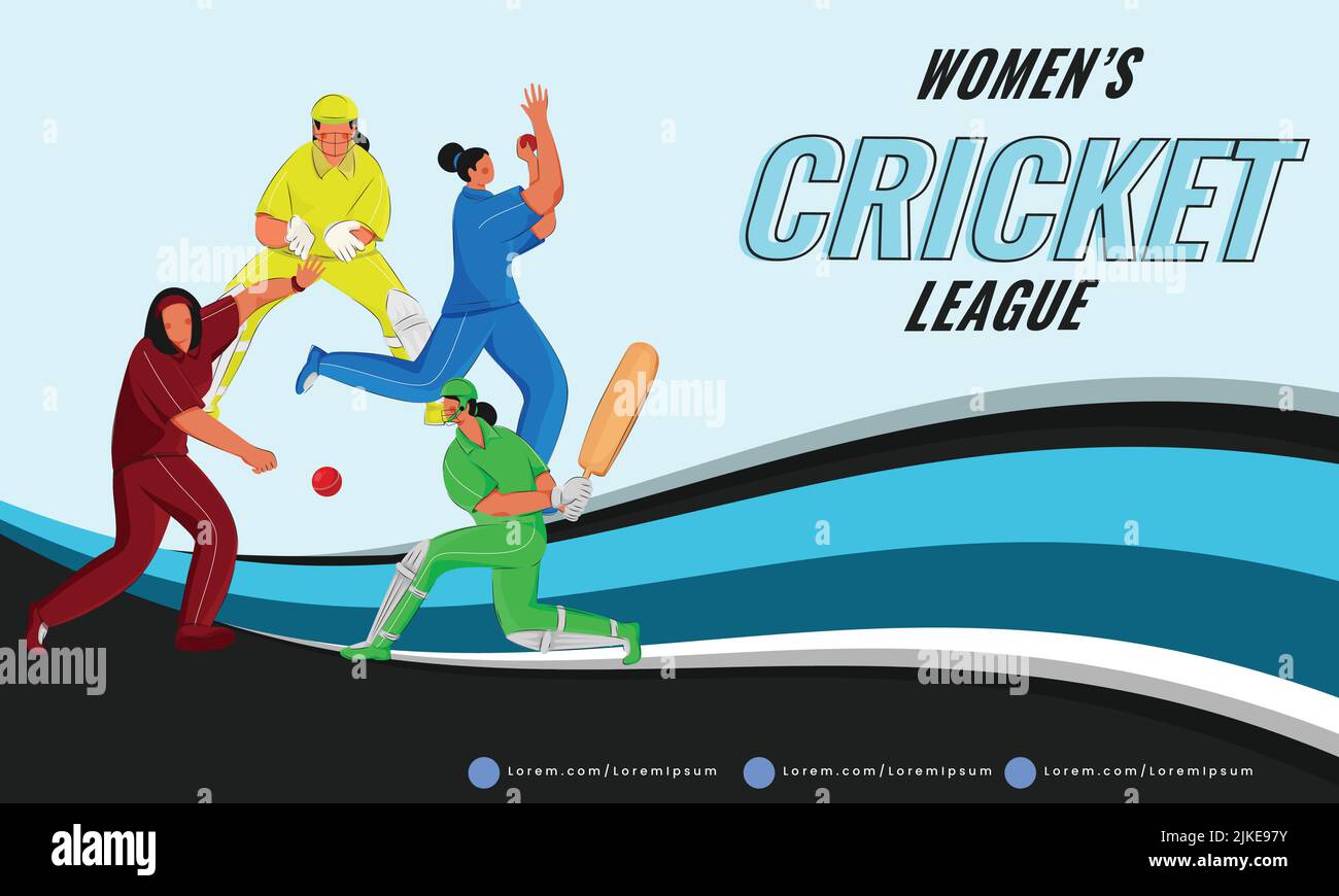 Women's Cricket League Banner Design With Participated Four Countries Players In Different Poses On Blue Abstract Wave Background. Stock Vector