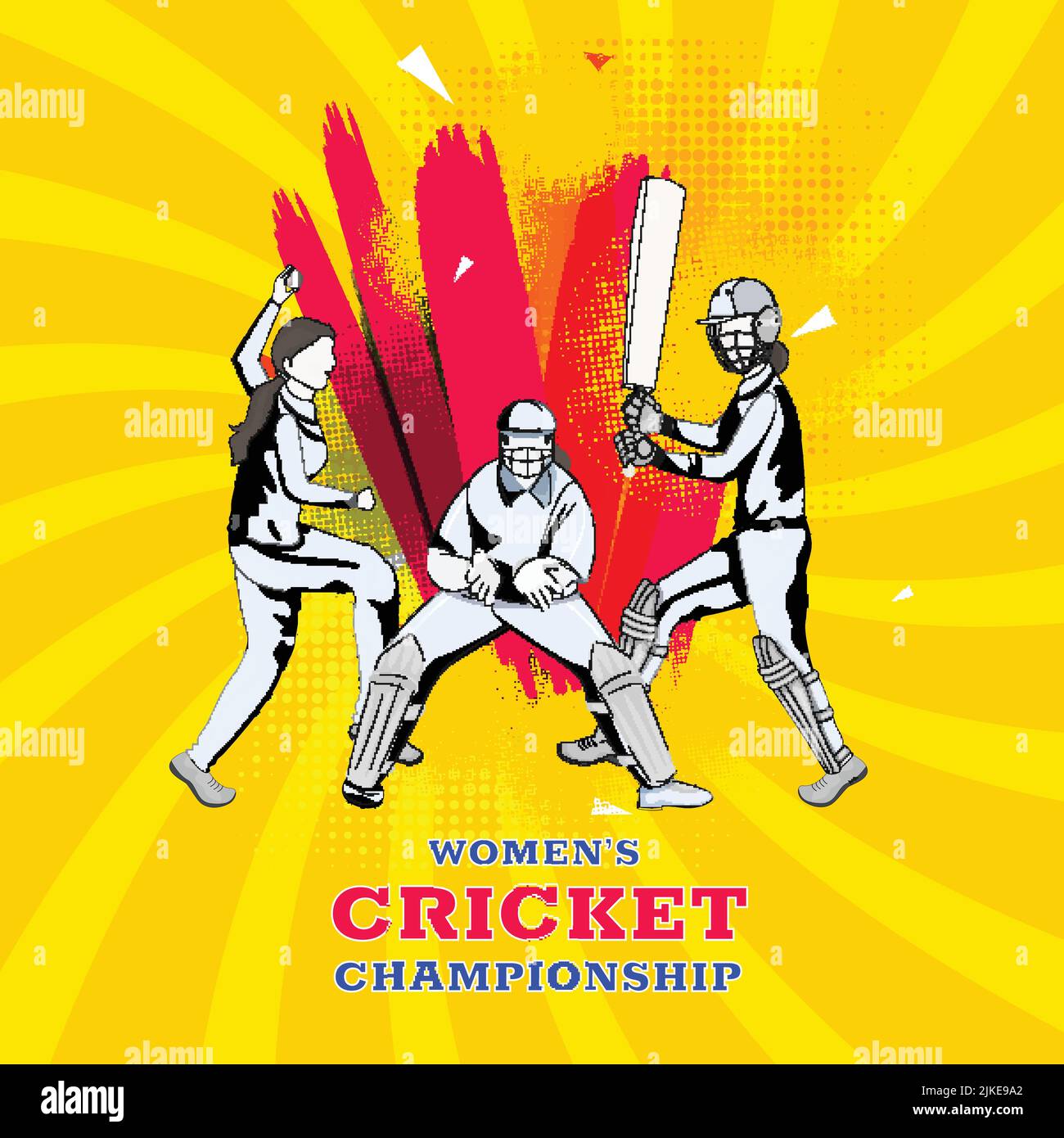 Women Cricket Players In Different Poses And Red Brush Effect On Chrome Yellow Swirl Rays Halftone Effect Background For Championship Concept. Stock Vector
