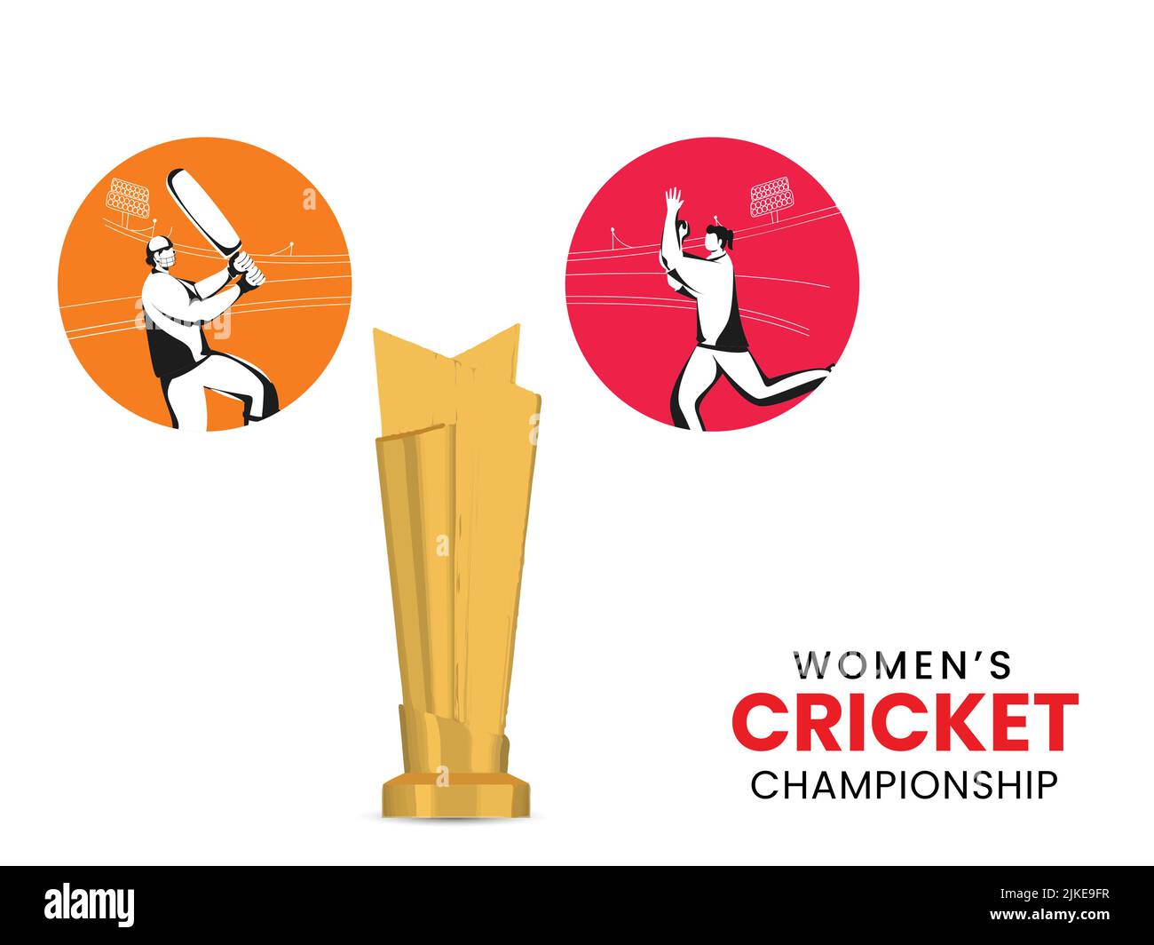 Women's Cricket Championship Concept With Participating Cricketer Players And Trophy Cup On White Background. Stock Vector