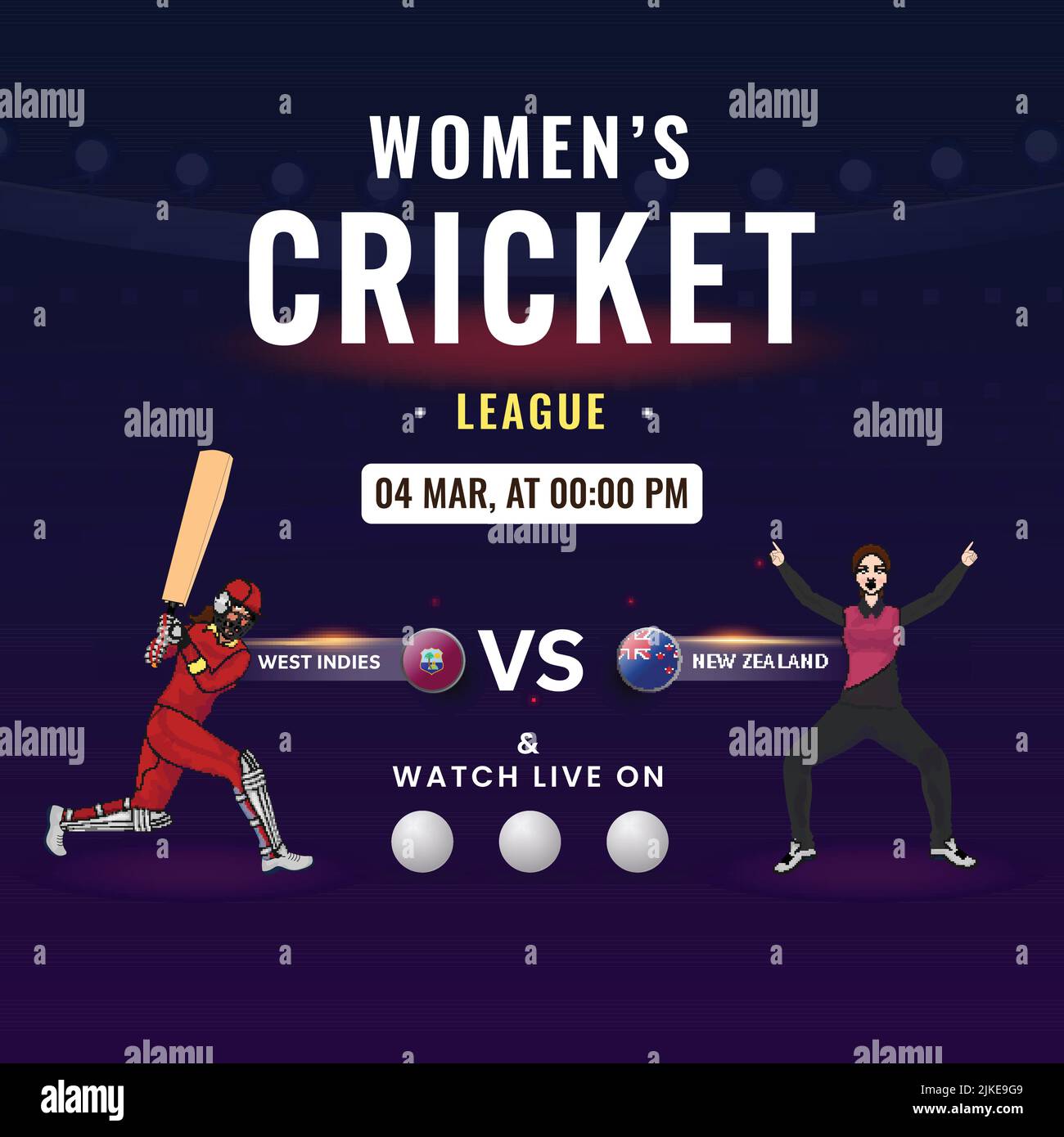 Women's Cricket Match Between West Indies VS New Zealand Of Players On Purple Background. Stock Vector