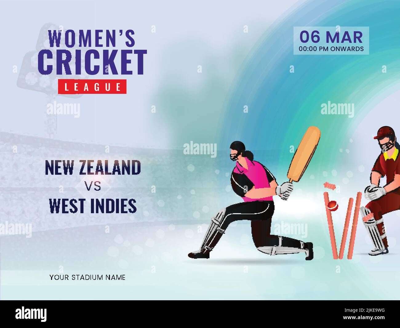 Women's Cricket Match Between New Zealand VS West Indies And Cricketer Players In Action Pose. Stock Vector