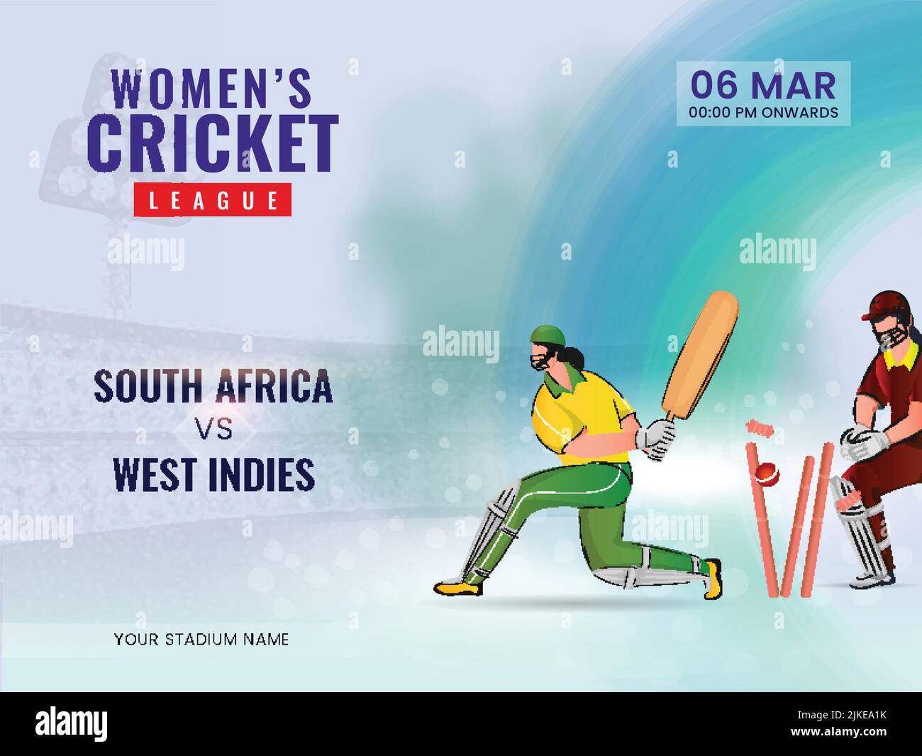 Women's Cricket Match Between South Africa VS West Indies And Cricketer Players In Action Pose. Stock Vector