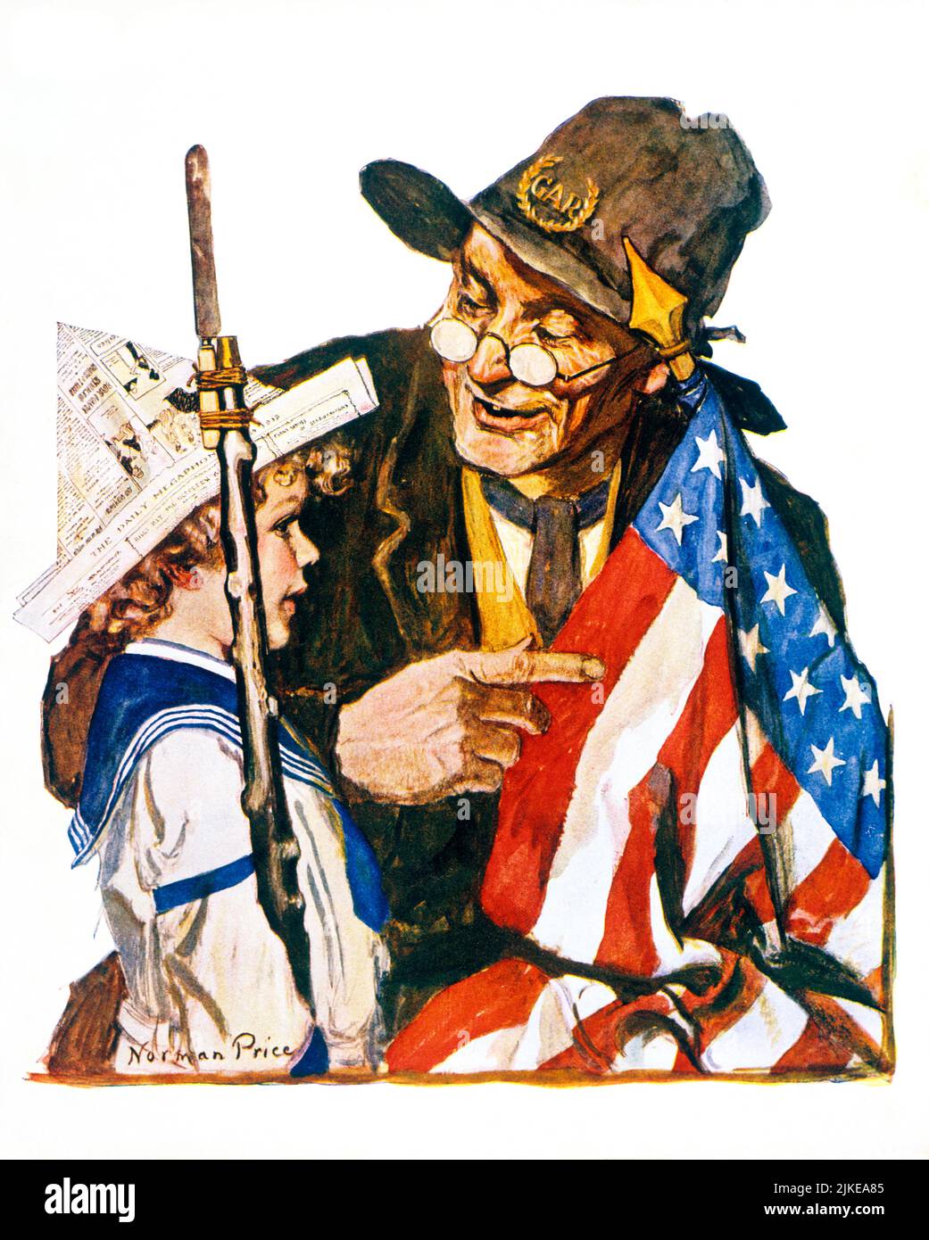 1910s OLD VETERAN OF GRAND ARMY OF REPUBLIC TELLS STOTRY OF USA FLAG TO YOUNG BOY PAINTING FOR COVER OF LIFE BY NORMAN PRINCE - kh13563 NAW001 HARS STORY INDOORS NOSTALGIC SYMBOL PAIR COLOR SENIORS SOLDIERS OLD TIME NOSTALGIA OLD FASHION 1 JUVENILE STYLE COMMUNICATION FLAGS GENERATIONS GUNS BATTLE GRAND GRANDPARENTS JOY LIFESTYLE COVER CONFLICT CELEBRATION ELDER GRANDPARENT NAVY HOME LIFE HALF-LENGTH PERSONS INSPIRATION MALES RISK WARS DREAMS HAPPINESS OLD AGE OLDSTERS HEAD AND SHOULDERS OLDSTER ADVENTURE STRENGTH VICTORY COURAGE CHOICE EXCITEMENT KNOWLEDGE POWERFUL REPUBLIC PRIDE TELLING Stock Photo
