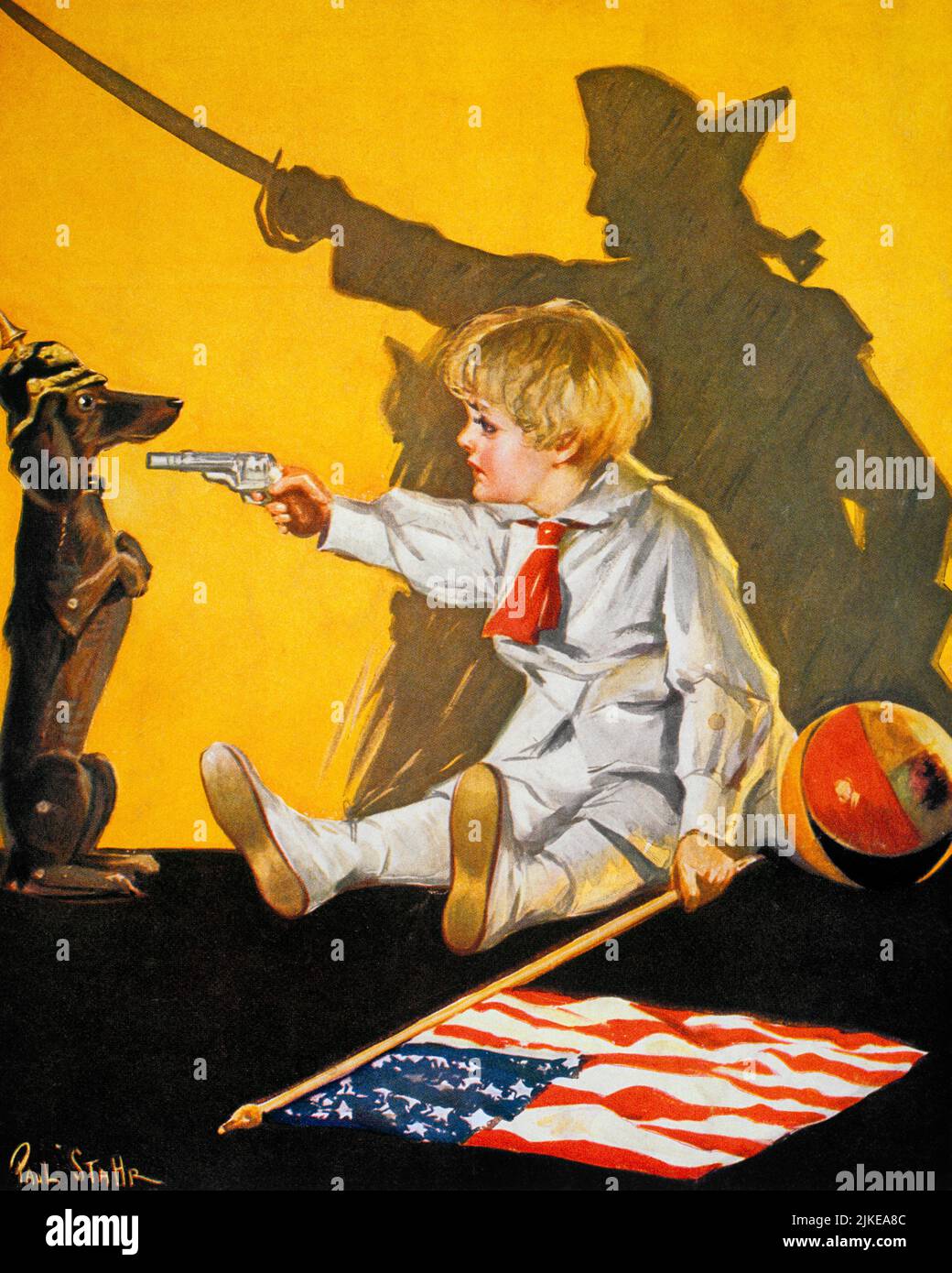 1910s ANTI GERMAN PROPAGANDA PRIOR TO WW1 LITTLE BOY WITH GEORGE WASHINGTON SHADOW POINTING GUN AT DACHSHUND IN KAISER HELMET - kh13558 NAW001 HARS COPY SPACE MALES FREEDOM MAMMALS COURAGE CANINES LEADERSHIP WORLD WARS WORLD WAR POLITICS PROPAGANDA POOCH CONCEPTUAL PATRIOTIC STARS AND STRIPES BABY BOY OLD GLORY CANINE FIREARM FIREARMS JUVENILES MAMMAL RED WHITE AND BLUE WORLD WAR ONE WW1 CAUCASIAN ETHNICITY DACHSHUND KAISER OLD FASHIONED PRIOR Stock Photo