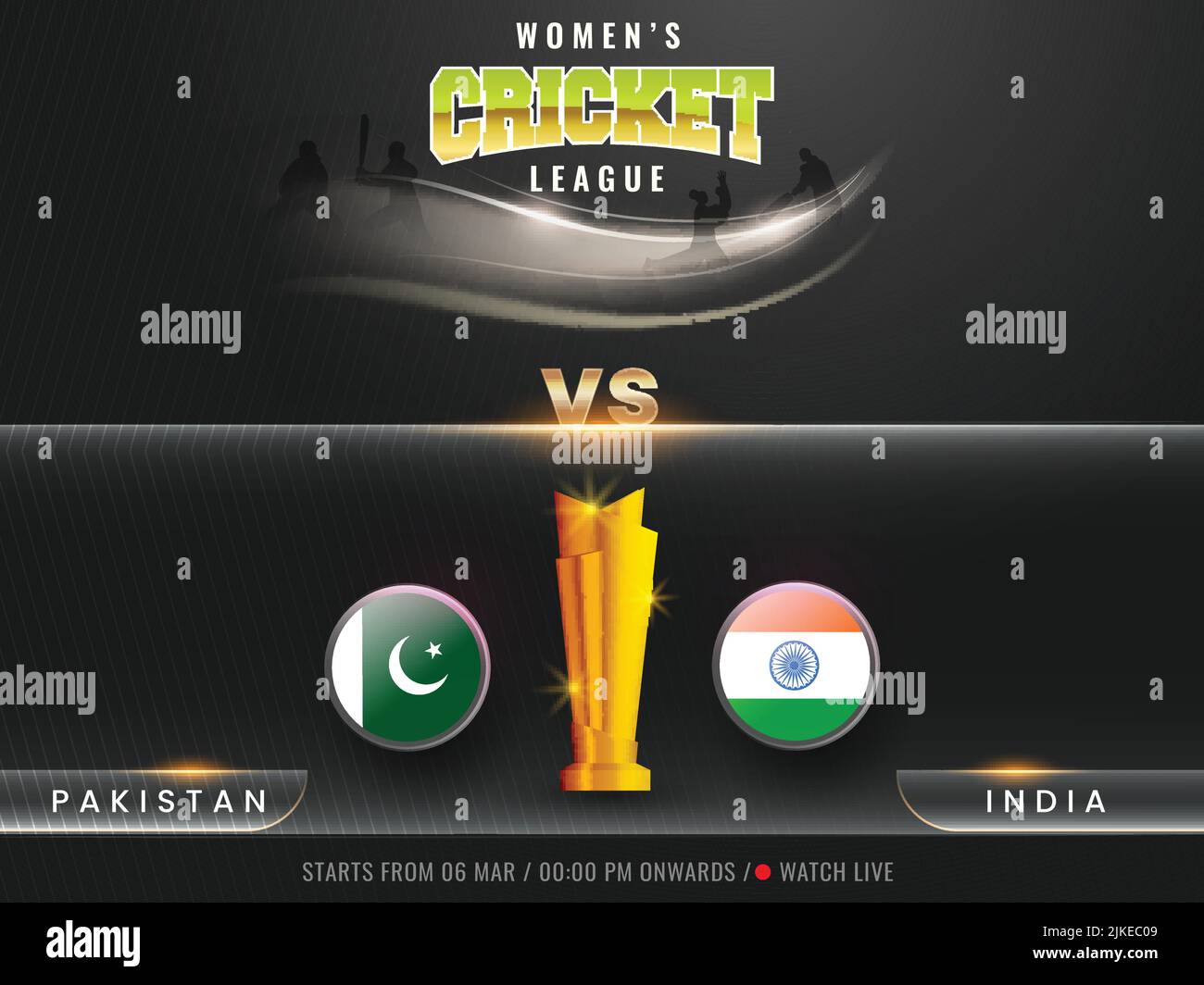 Women's Cricket Match Watch Live Show Of Participating Team Pakistan VS India, 3D Shiny Winning Trophy Cup On Black Silhouette Players Background. Stock Vector