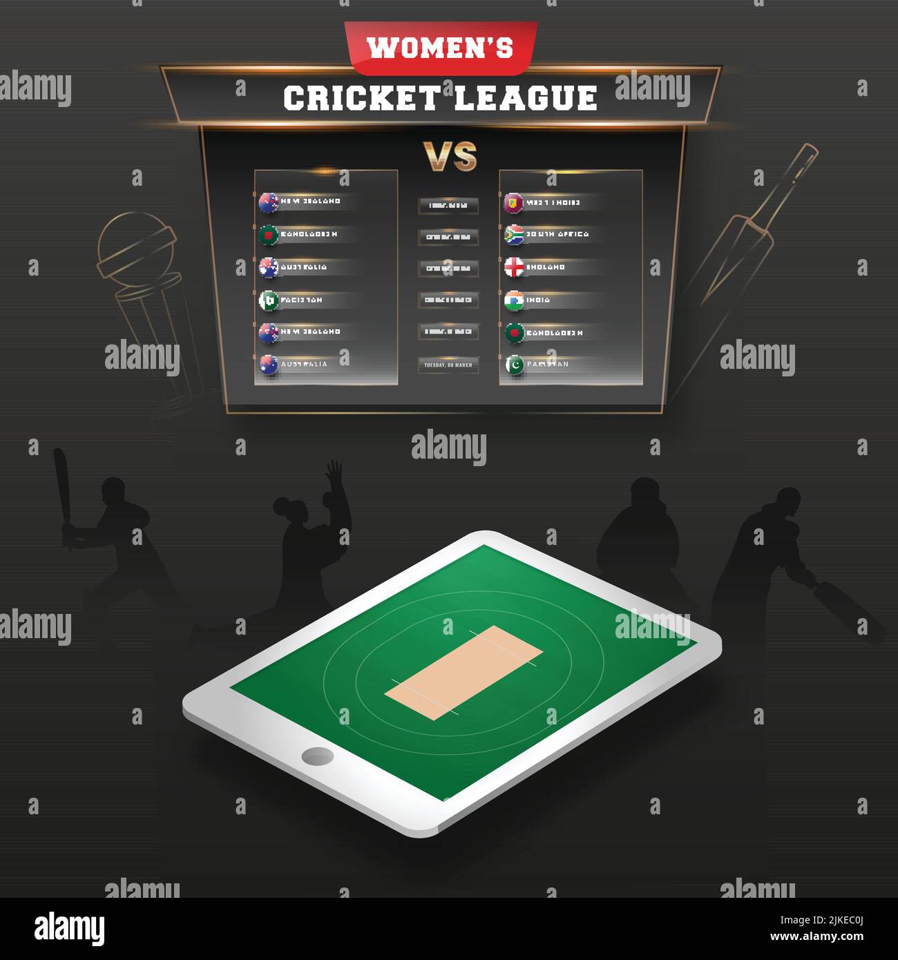 Women's Cricket Match Schedule Between Participated Countries With Top View Smartphone Screen Against Black Silhouette Players Background. Stock Vector