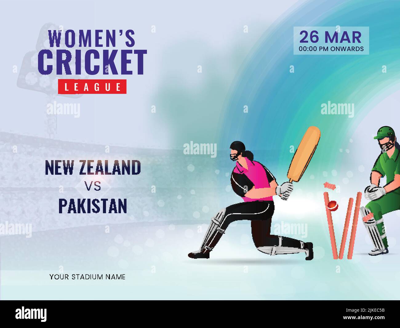 Women's Cricket Match Between New Zealand VS Pakistan And Cricketer Players In Action Pose. Stock Vector