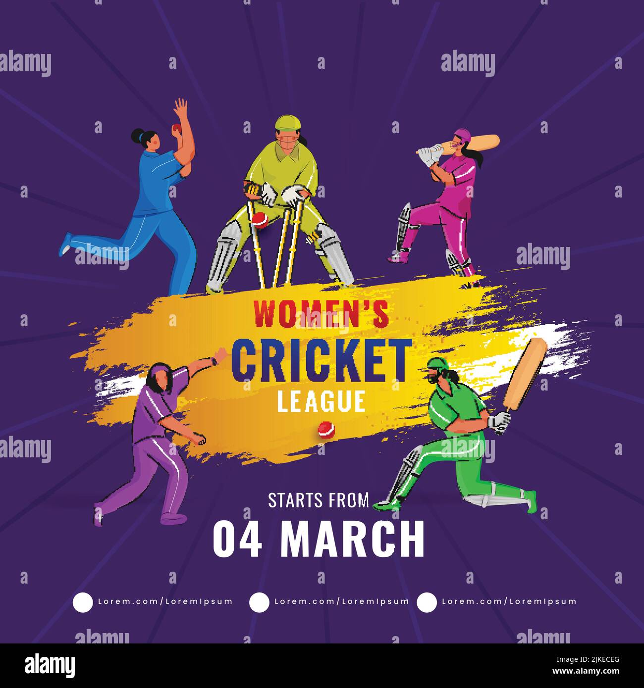 Women's Cricket League Concept With Five Countries Female Cricketer Players In Different Poses And Chrome Yellow Brush Effect On Purple Rays Backgroun Stock Vector