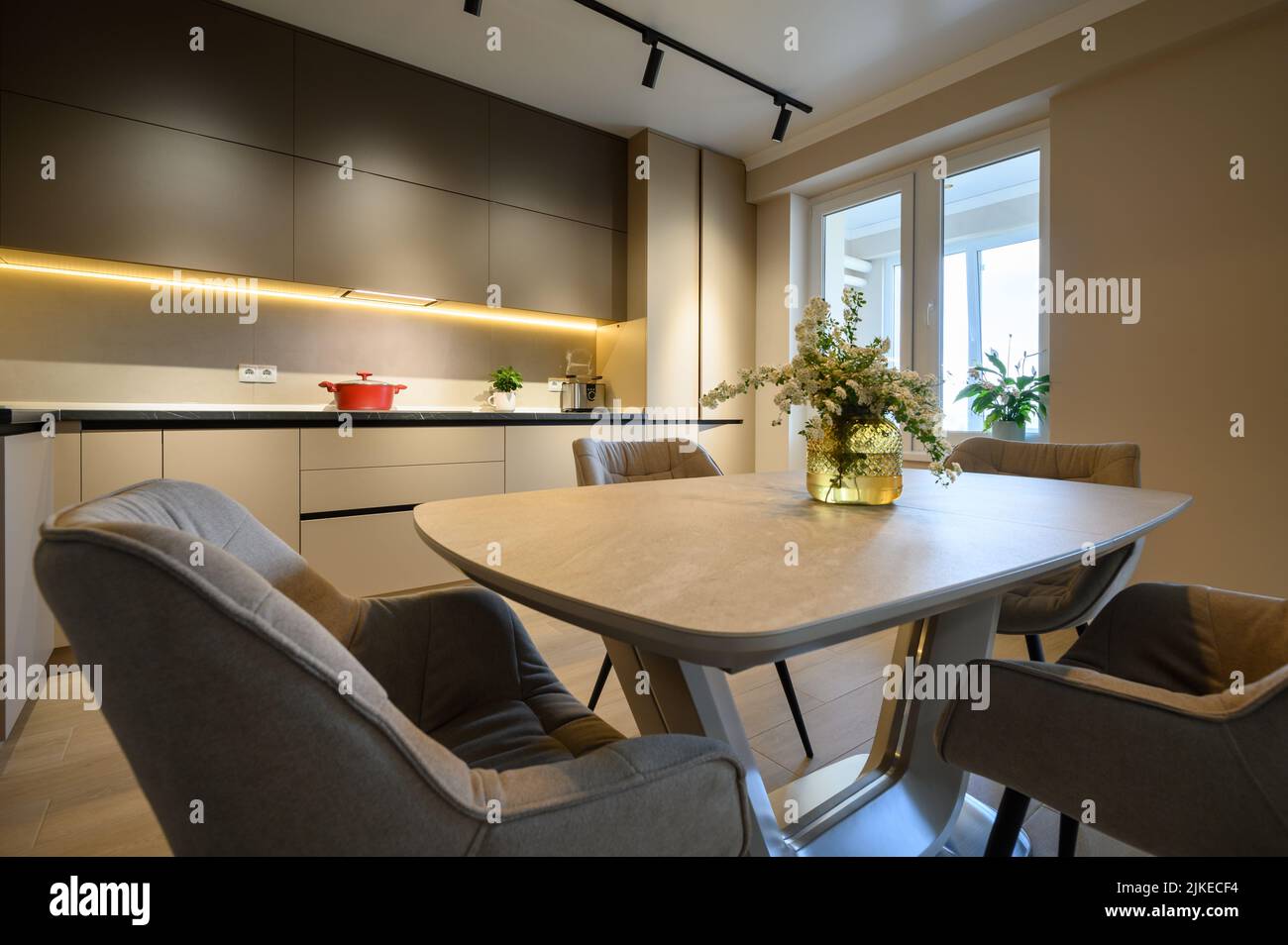 Modern grey luxurious kitchen with dining table in studio apartment