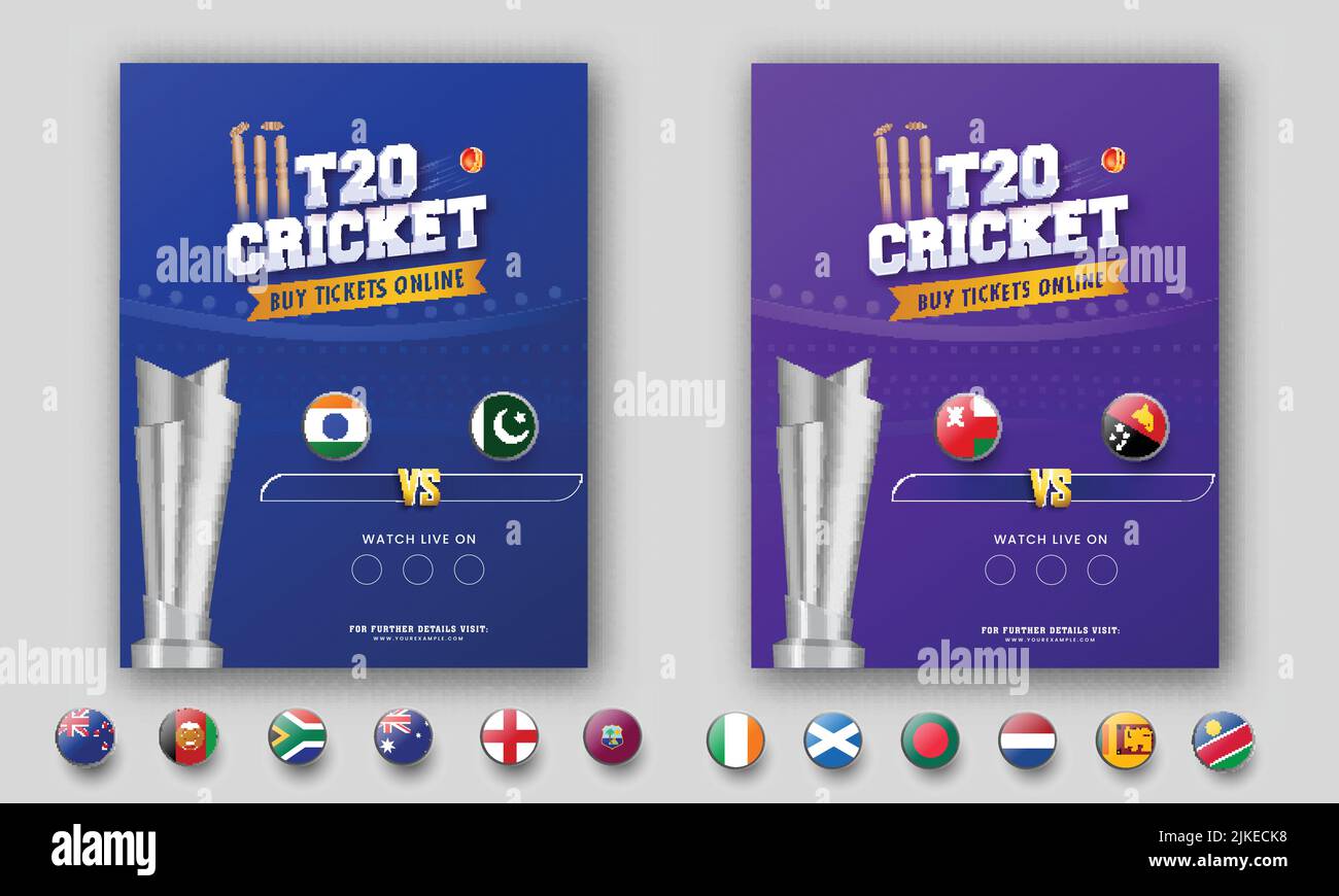 T20 Cricket Match Template Or Flyer Design With Participating Countries Flag Badge, 3D Silver Winning Trophy In Blue And Purple Color Options. Stock Vector