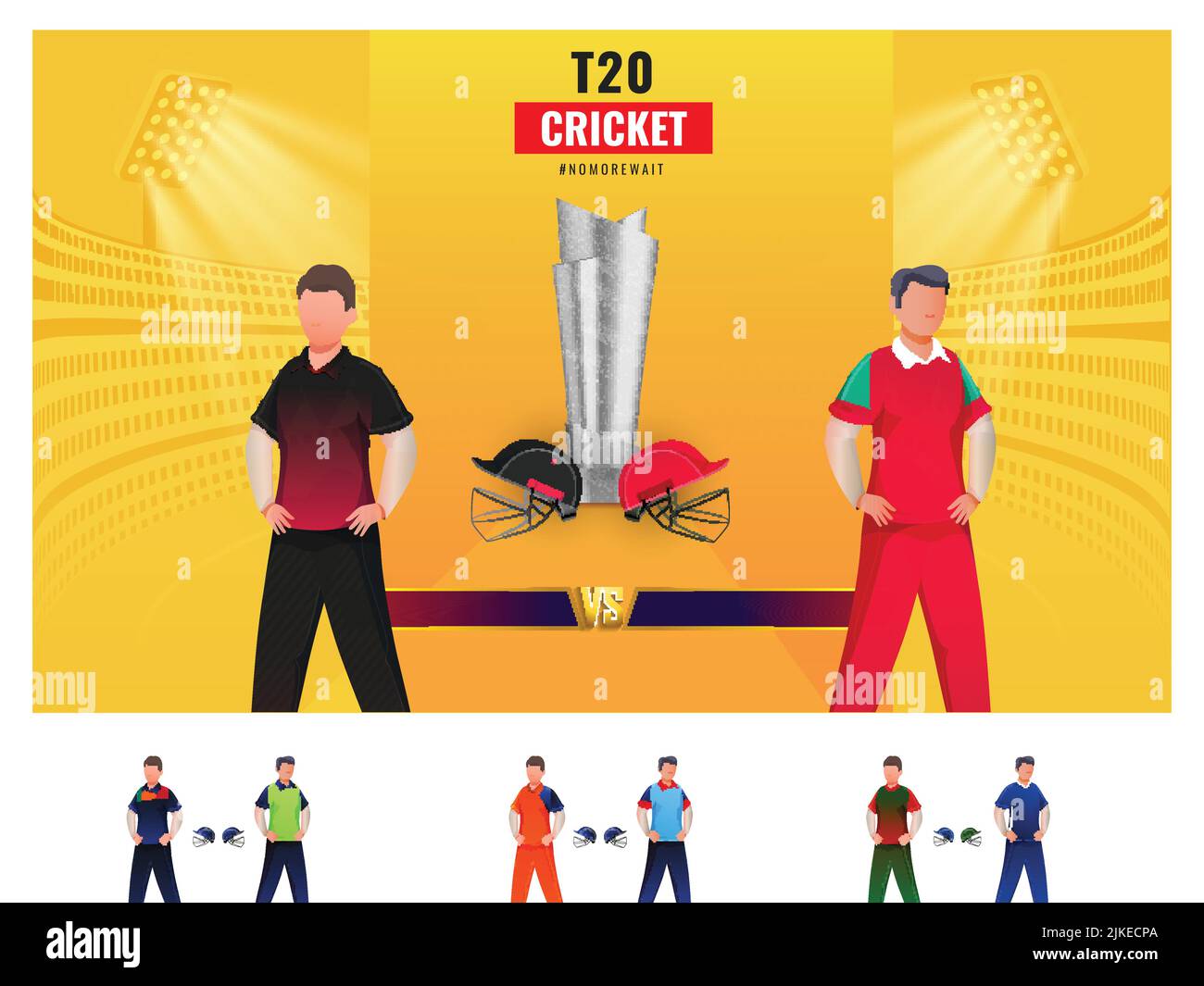 T20 Cricket Match Between Papua New Guinea VS Oman Players With Other Countries Cricketers And 3D Silver Winning Trophy On Yellow And White Stadium Ba Stock Vector