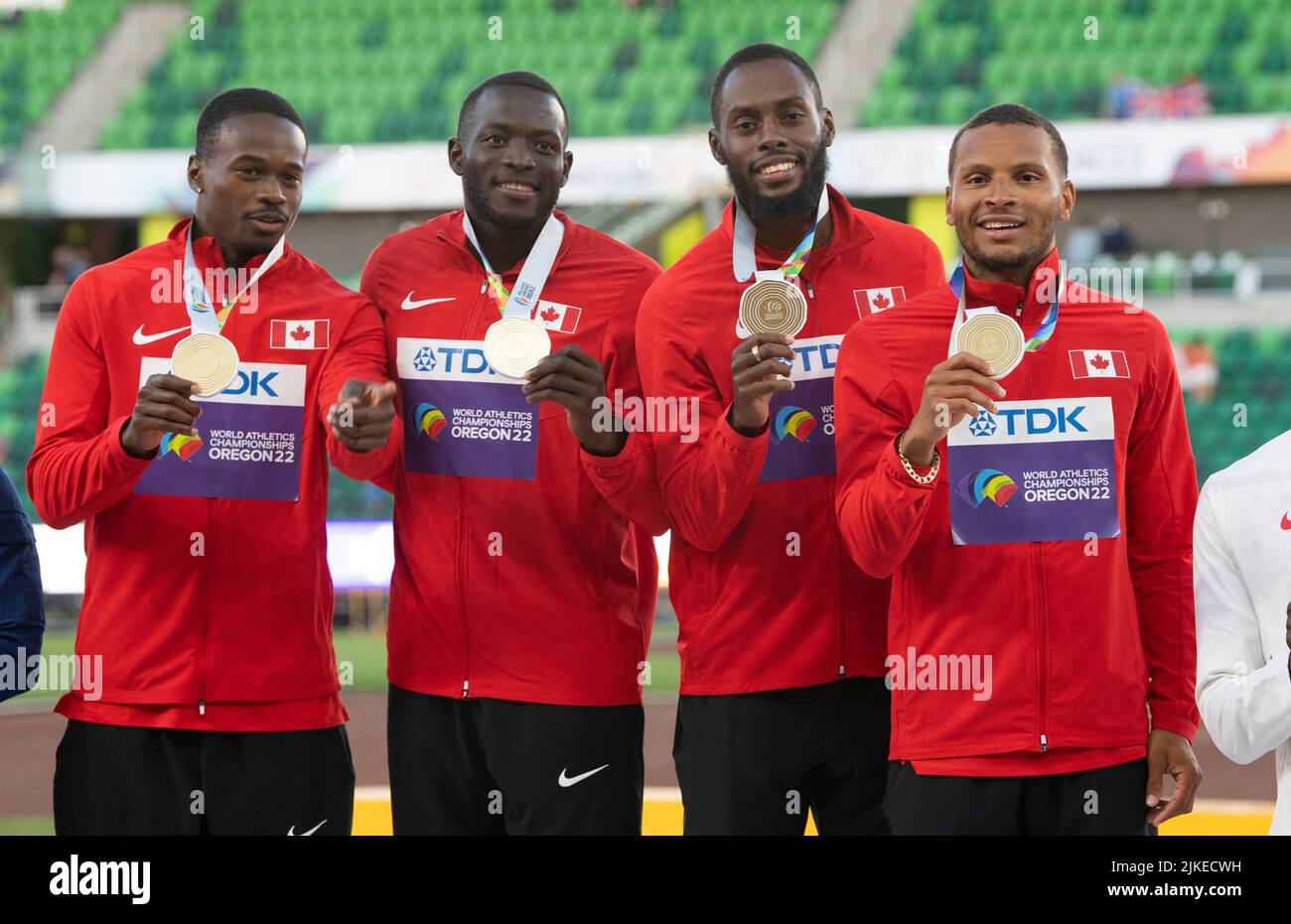 Canadian men’s 4x100m relay gold medal presentation on day nine at the