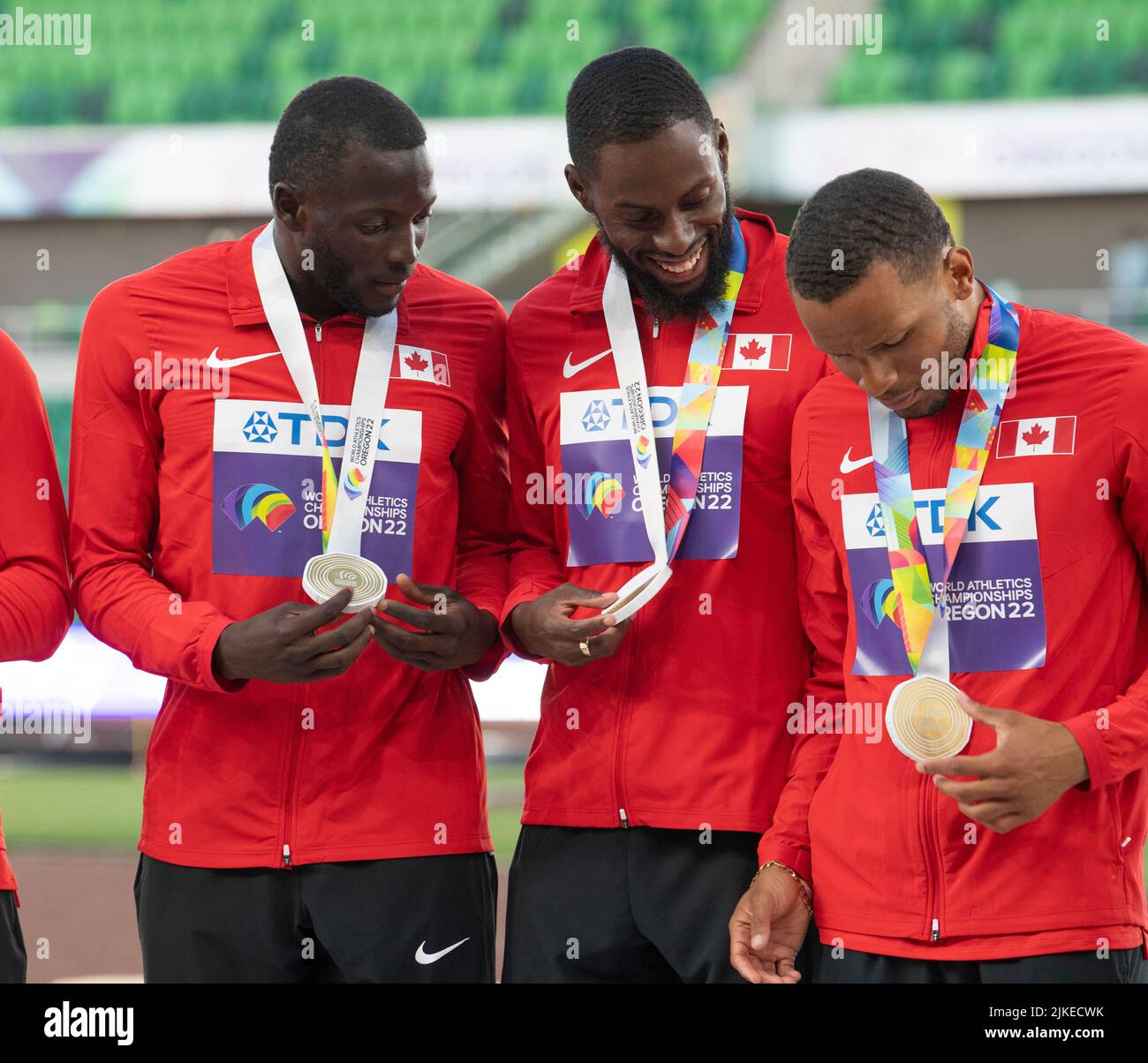 Canadian men’s 4x100m relay gold medal presentation on day nine at the