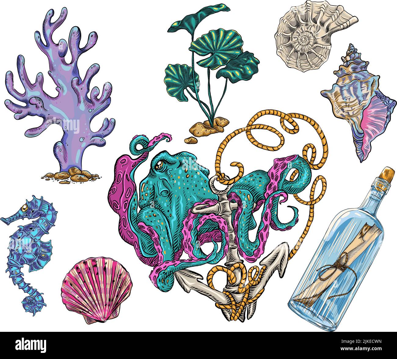 Vintage hand drawn octopuses, sunken anchors, seashells, waterweeds and seahorses. Seabed Attributes Stock Vector