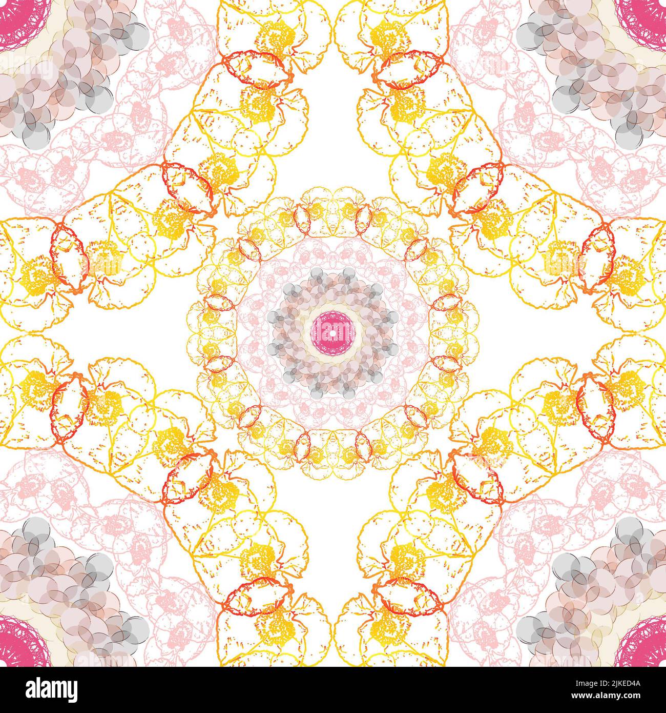 Repeating pattern mandala circles large and small with floral outline on circle and soft interior pattern. Stock Photo