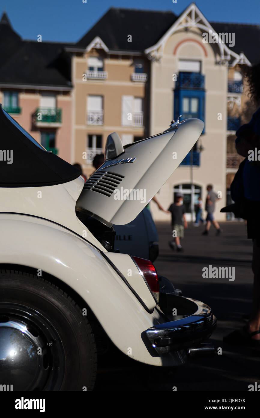 A vertical view of the trunk of a vintage Volkswagen VW Beetles during Rallye des Princesses event Stock Photo