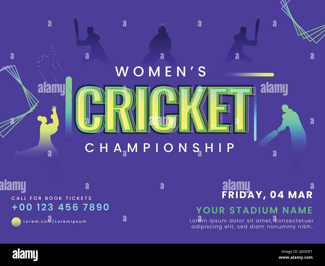 Women's Cricket Championship Font With Silhouette Cricketer Players And Venue Details On Blue Background. Stock Vector