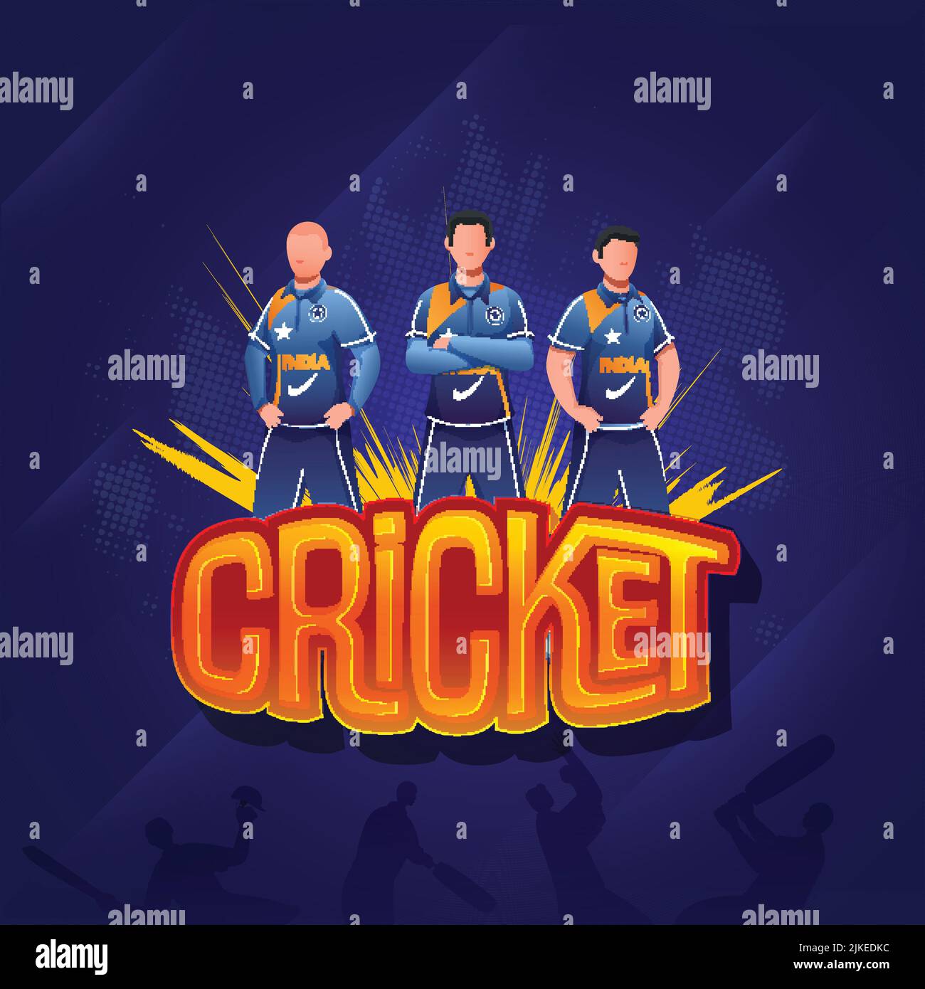 Sticker Style Cricket Font With Faceless India Cricketer Players On Blue Halftone Effect Background. Stock Vector