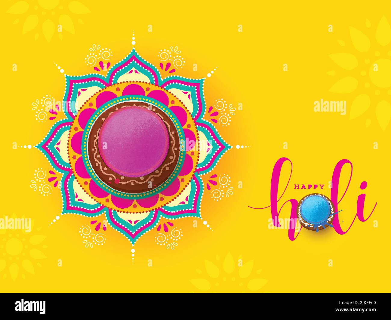Indian festival of colours, Happy Holi concept, a traditional pot with full of dry colours(gulal) on beautiful mandala(rangoli) and vibrant yellow bac Stock Vector