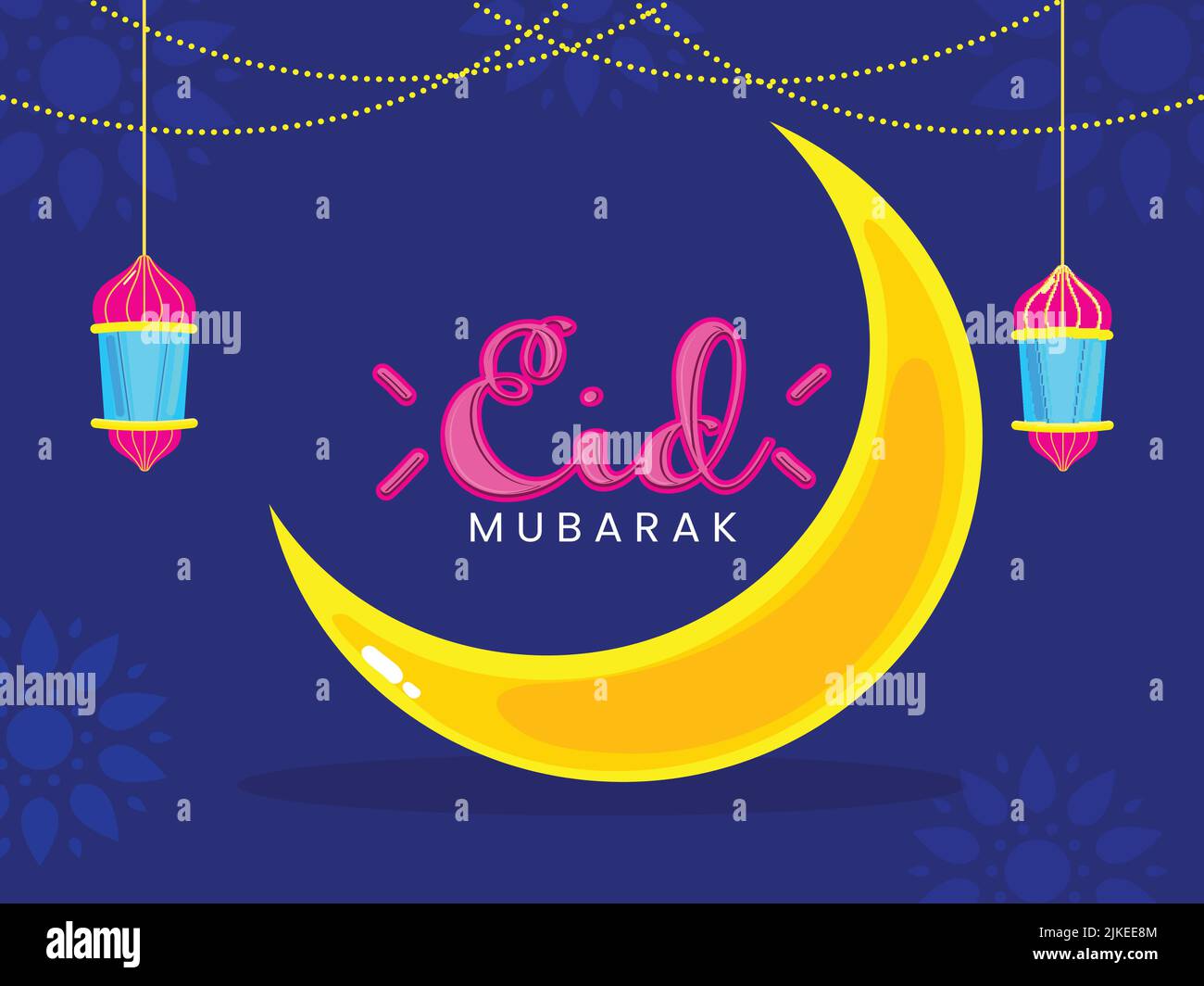 Eid Mubarak Font With Crescent Moon And Hanging Arabic Lanterns On Blue ...