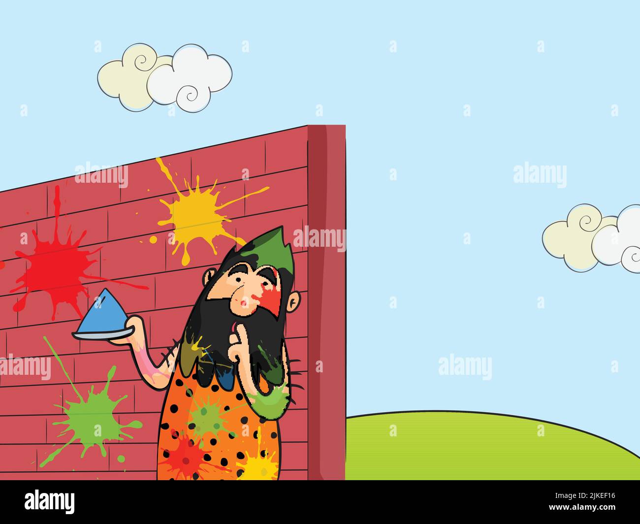 Cartoonish illustrations of a man hiding behind a wall with drycolours(gulal), Indian festival of colours Happy Holi Concept. Stock Vector