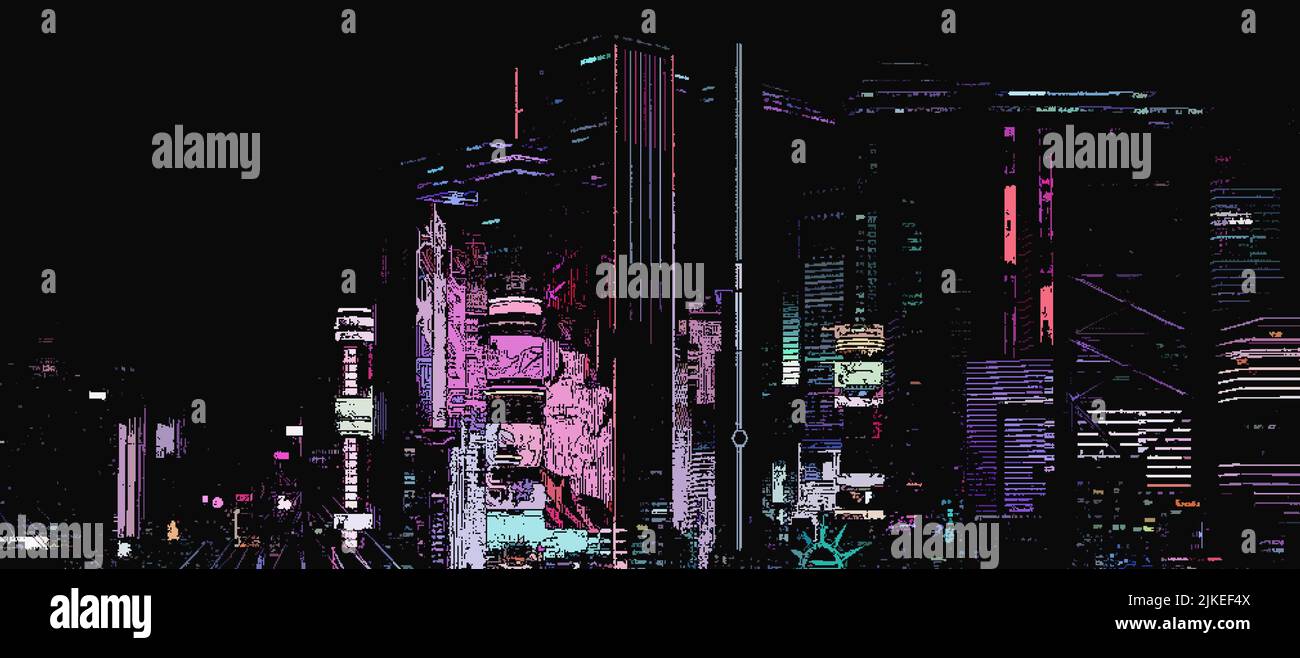Futuristic city scene in pixel art style. Retro future 3D illustration. Cyberpunk neon city night Stock Photo