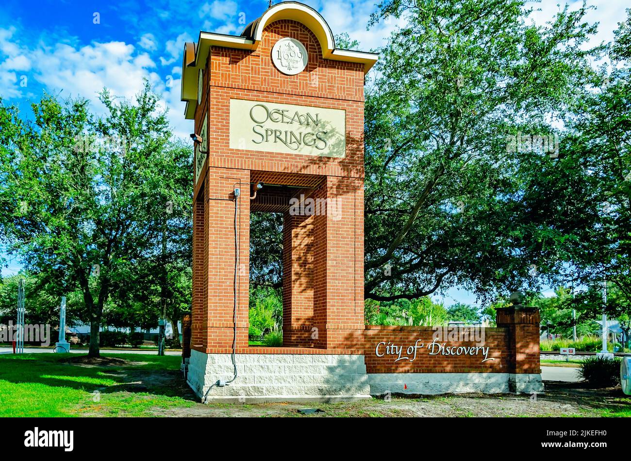 The Ocean Springs welcome sign is pictured at the corner of Highway 90 and Washington Avenue, July 31, 2022, in Ocean Springs, Mississippi. Stock Photo