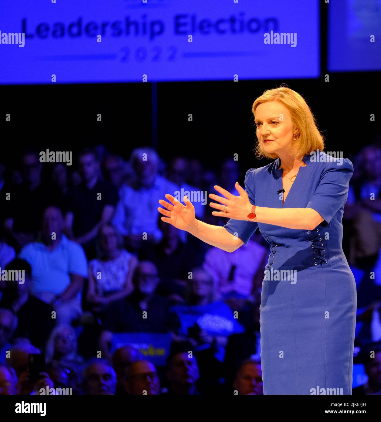 Exeter Devon UK.2nd Conservative Party Hustings. Tory members gathered in the Great Hall at Exeter University.Liz Truss MP puts her case forward for the leadership job. Credit: charlie bryan/Alamy Live News Stock Photo