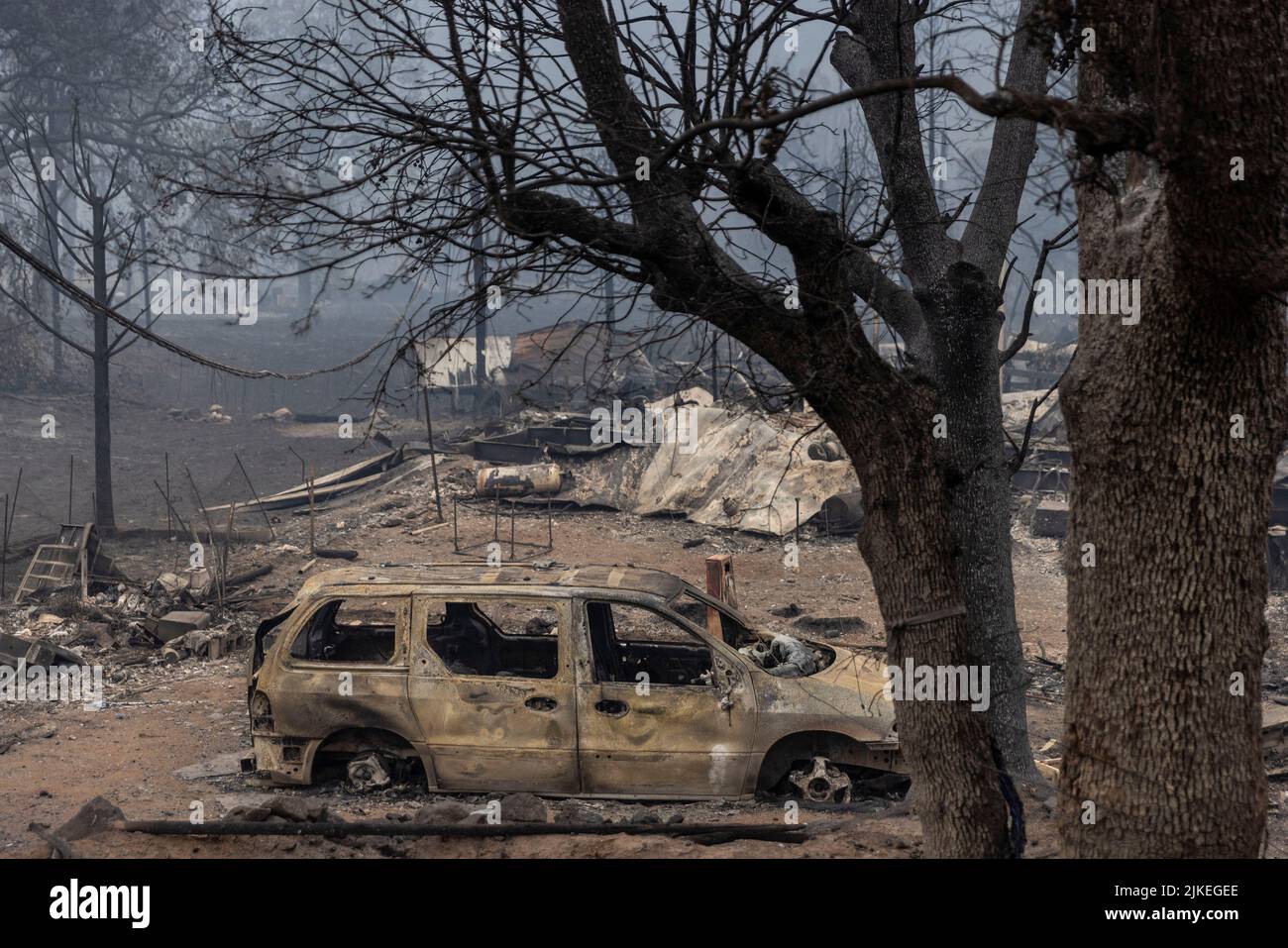 Remains of a mobile park destroyed by the McKinney Fire are seen near Yreka, California, U.S., August 1, 2022. REUTERS/Carlos Barria Stock Photo