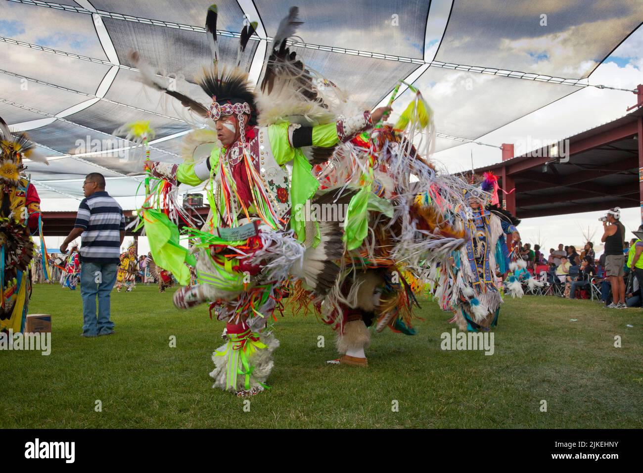 Men's traditional fancy dancer in colorful regalia at the Shoshone