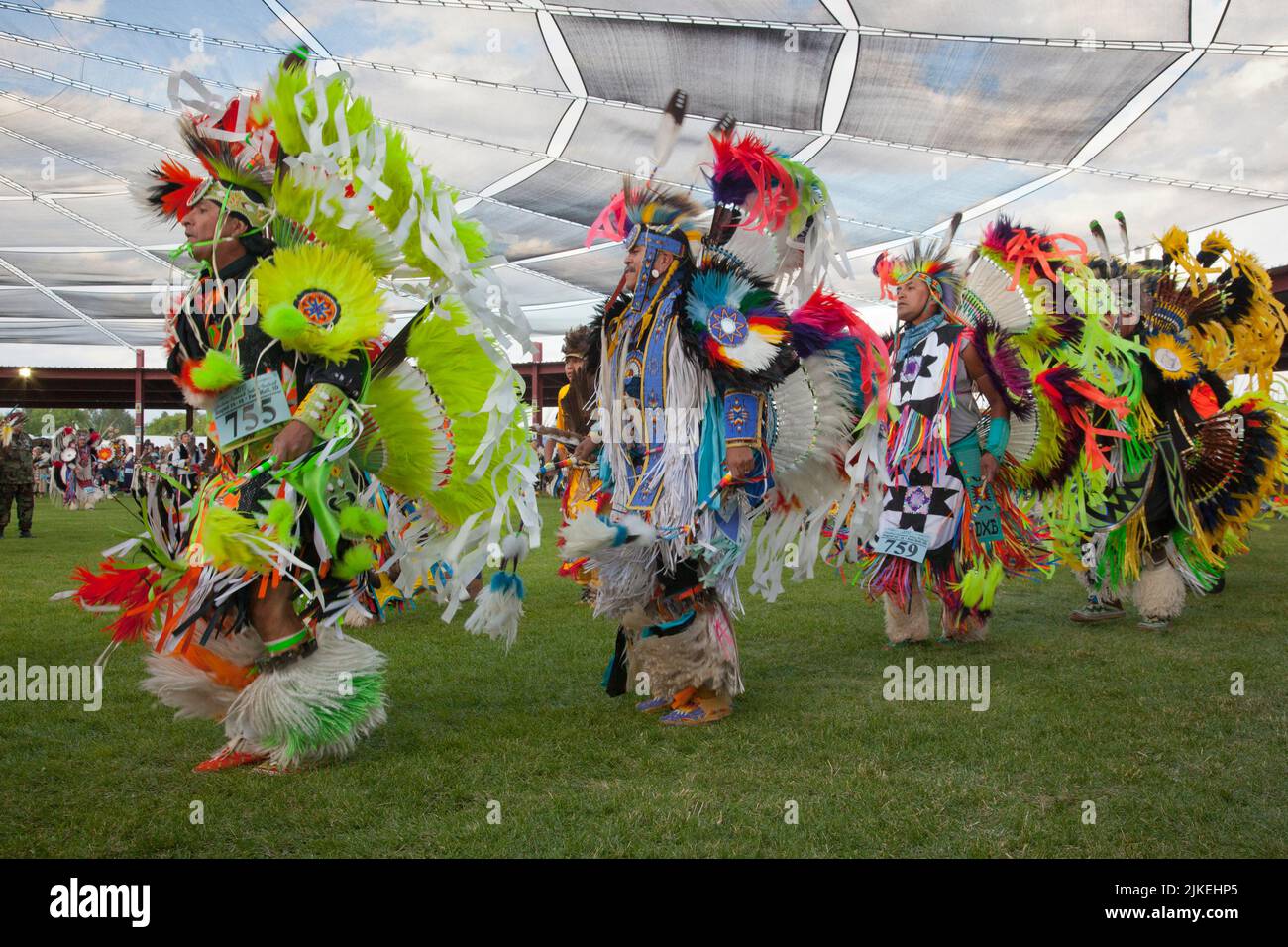 Men's traditional fancy dancer in colorful regalia at the Shoshone