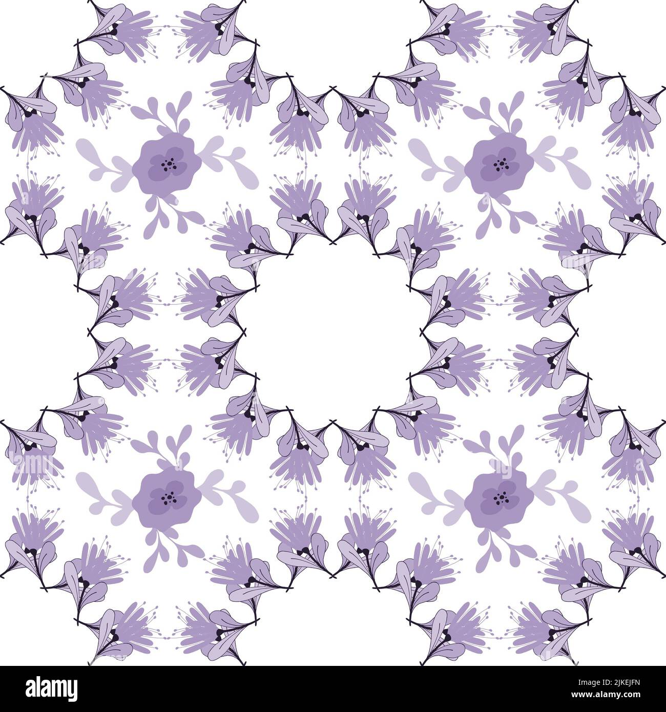 Flower garlands in soft purple with black accents on white. Seamless repeating pattern. Stock Photo