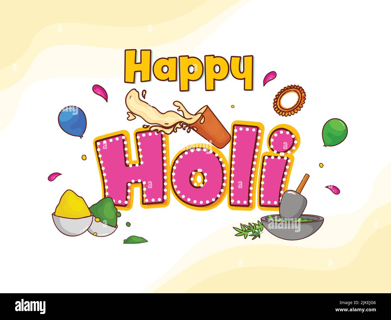 Stylish Happy Holi Font With Bowls Full Of Dry Color (Gulal), Balloons, Splashing Thandai Glass, Datura Leaves Grinding From Mortar And Pestle Illustr Stock Vector
