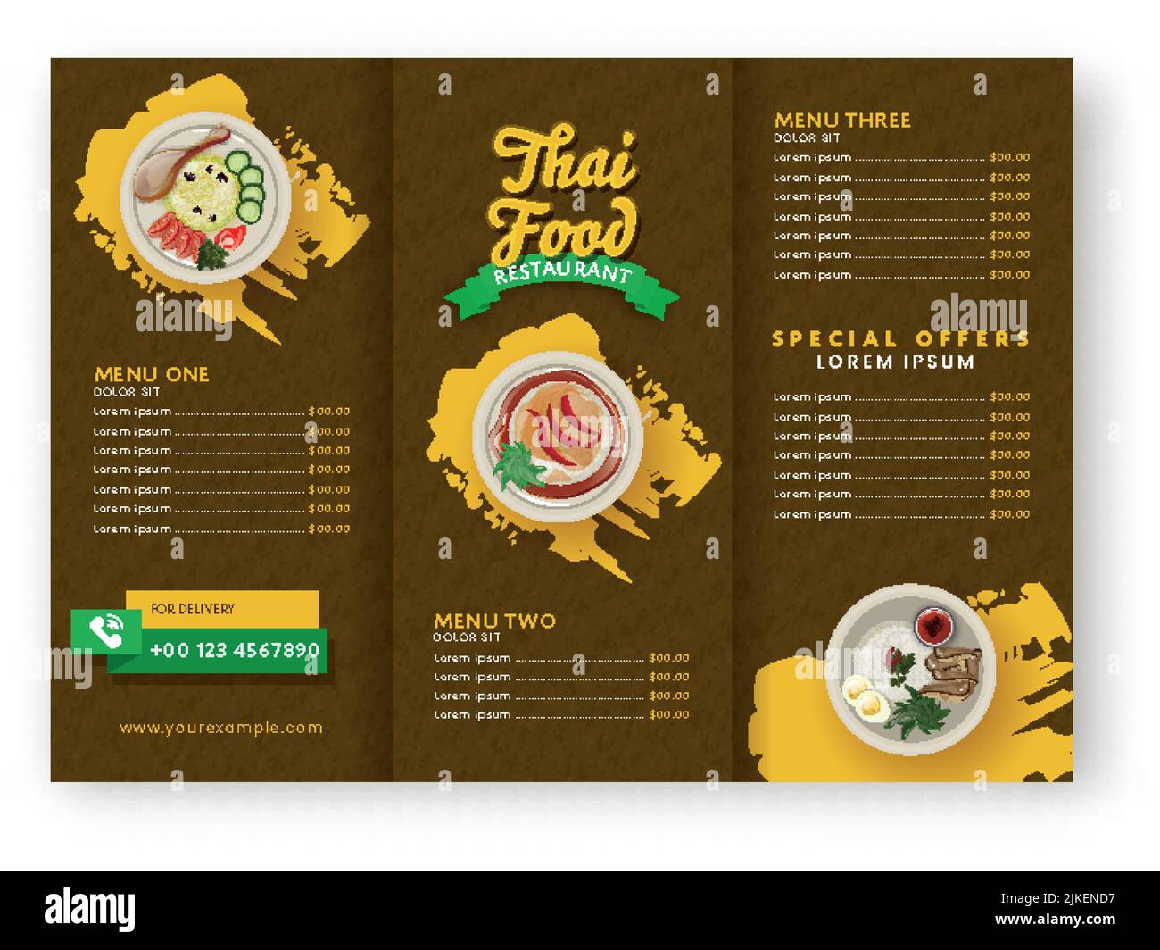 Thai Food Restaurant Menu Card Trifold Brochure With Presented Dishes In Brown And Yellow Color. Stock Vector