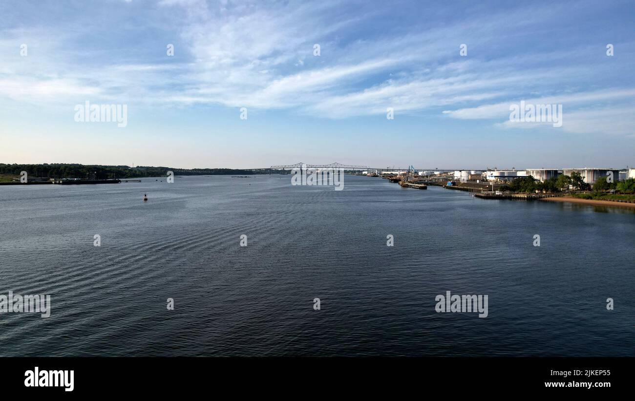 Aerial View of the Arthur Kill separating Staten Island from New Jersey with the Outerbridge Crossing in the distance Stock Photo