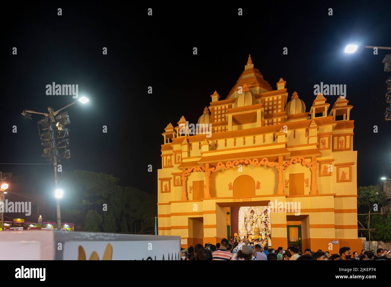 Kolkata, West Bengal, India - 12th October 2021 : Bagbazar Durga Puja, UNESCO Intangible cultural heritage of humanity. Decorated Puja pandal. Stock Photo