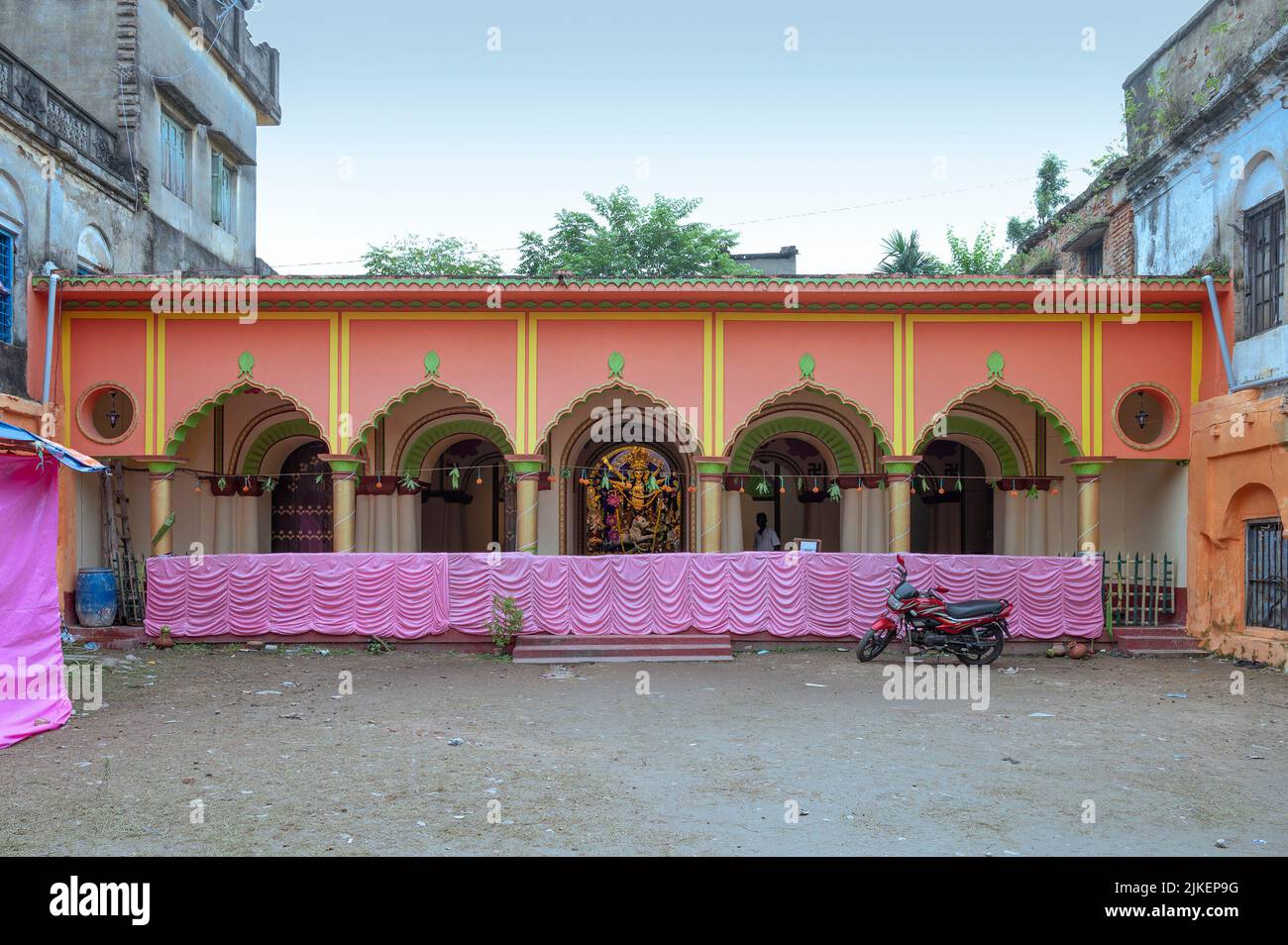 Howrah, India -October 26th, 2020 : Goddess Durga being worshipped inside old age decorated home. Durga Puja pandal, biggest festival of Hinduism. Stock Photo