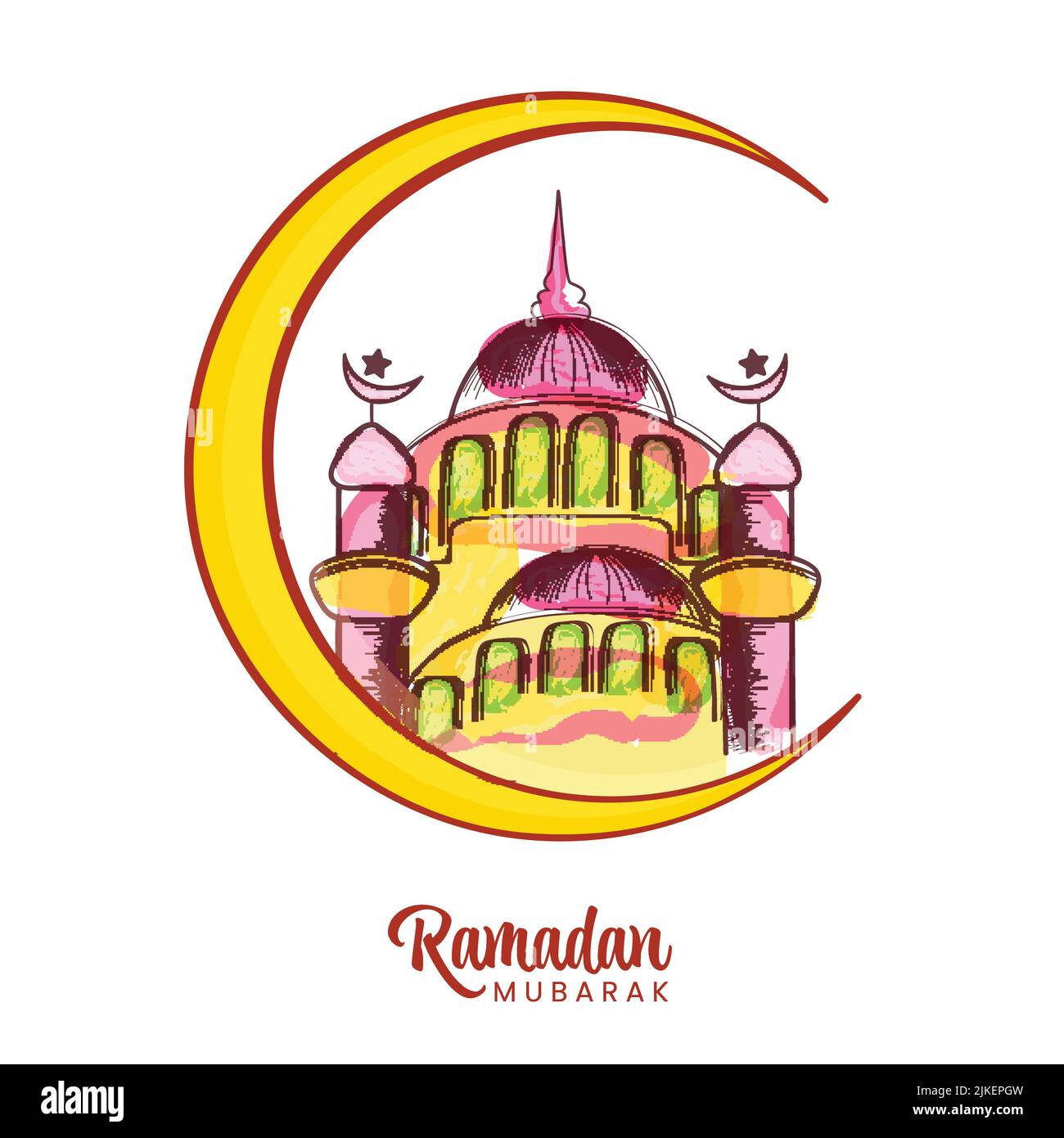 Ramadan Mubarak Greeting Card With Yellow Crescent Moon And Mosque On ...