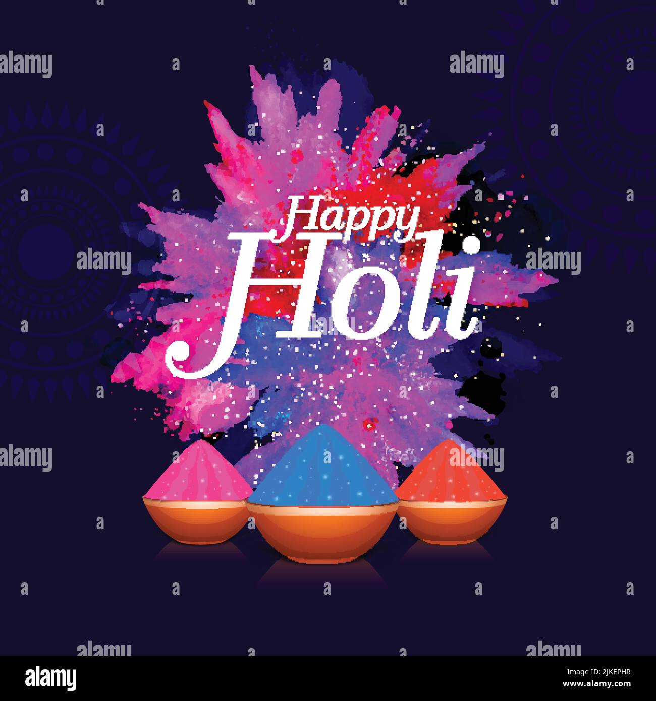 Indian festival of colours, Happy Holi concept with shiny drycolours(gulal) and colourful spash on blue background. Stock Vector