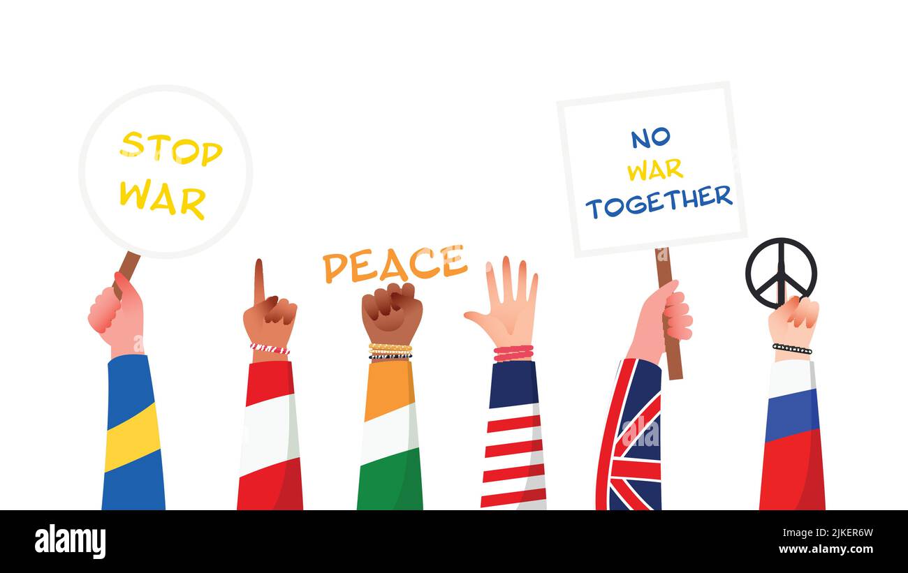 Citizens Of Six Countries Protesters Saying Stop War On White Background. Stock Vector