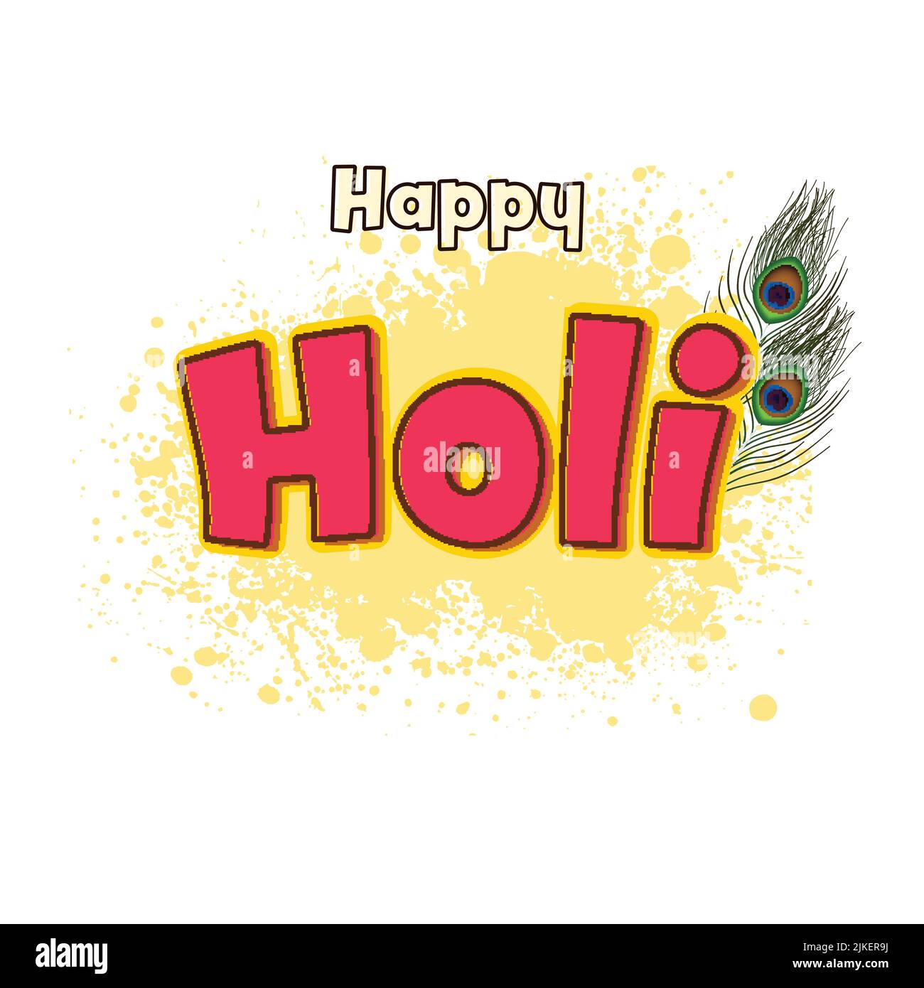 Happy Holi Font With Peacock Feather And Yellow Splatter Effect On ...