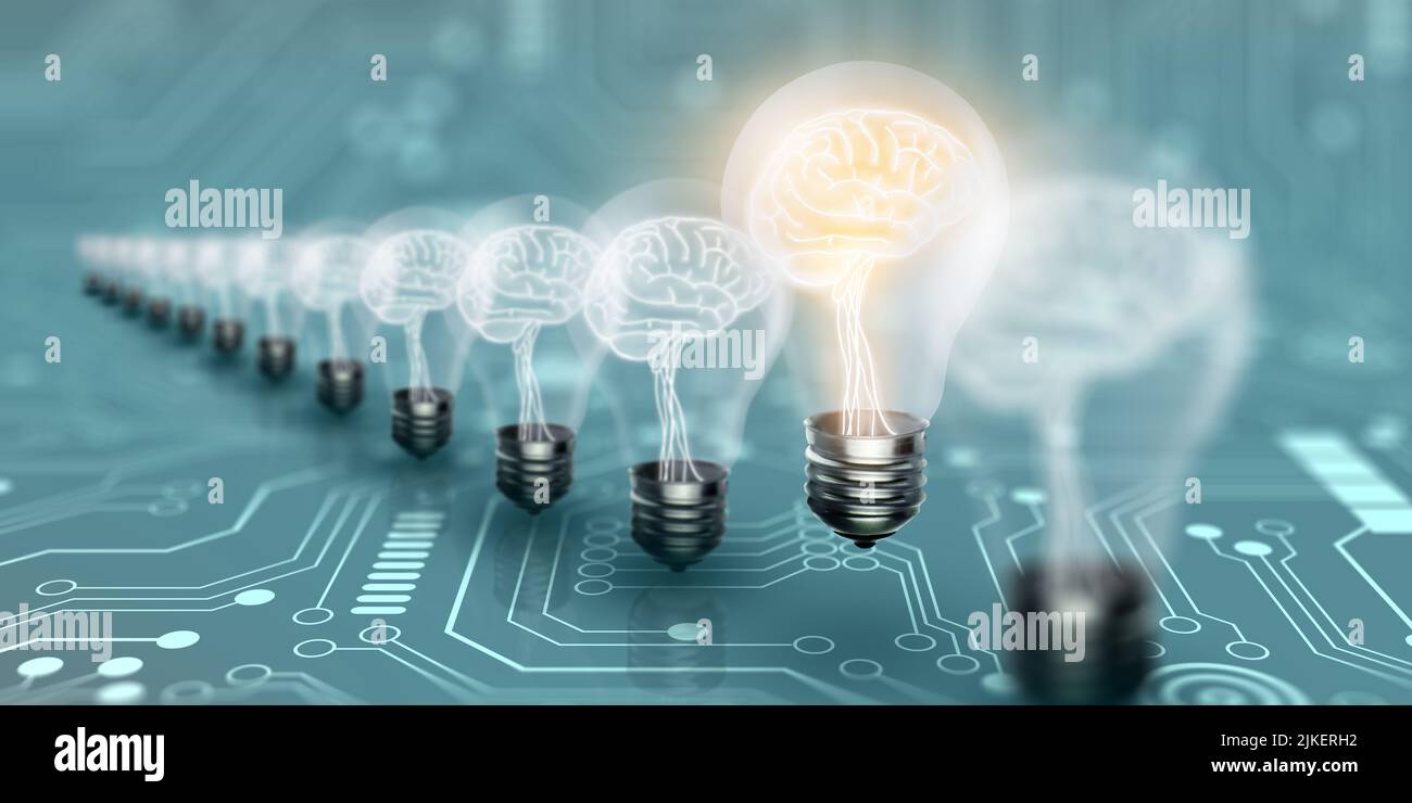 Light bulbs with brain inside and glowing one different idea on clean background. Business Bright idea concept. 3D Render. Stock Photo